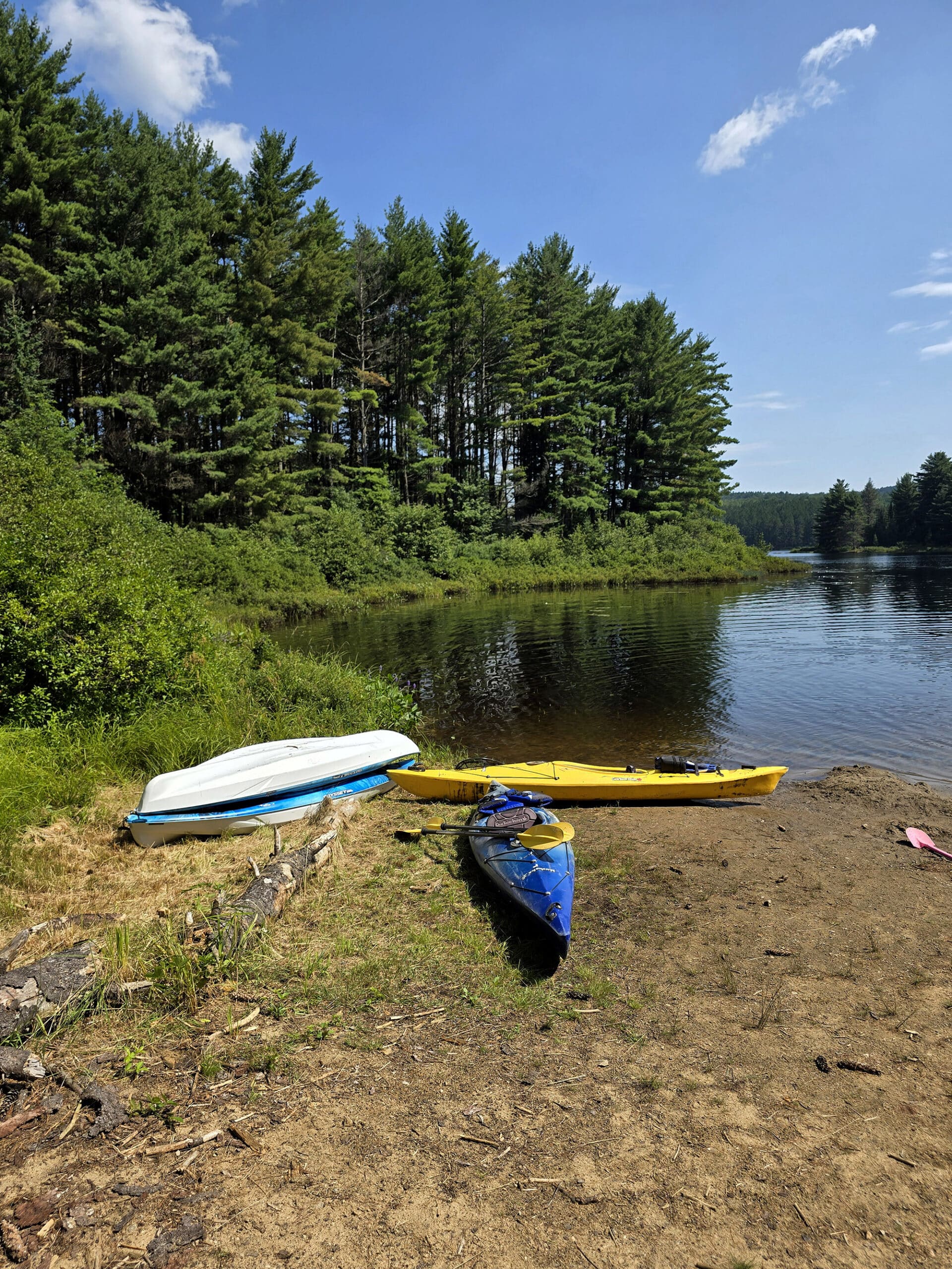 Several kayaks on the shore of Kearney Lake.