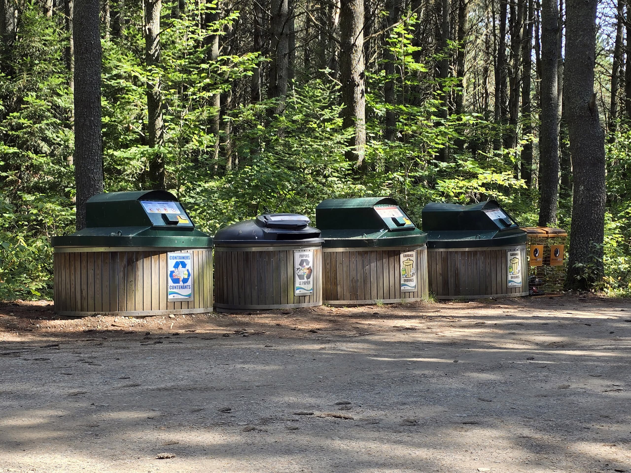 A row of garbage bins at Kearney Lake Campground.