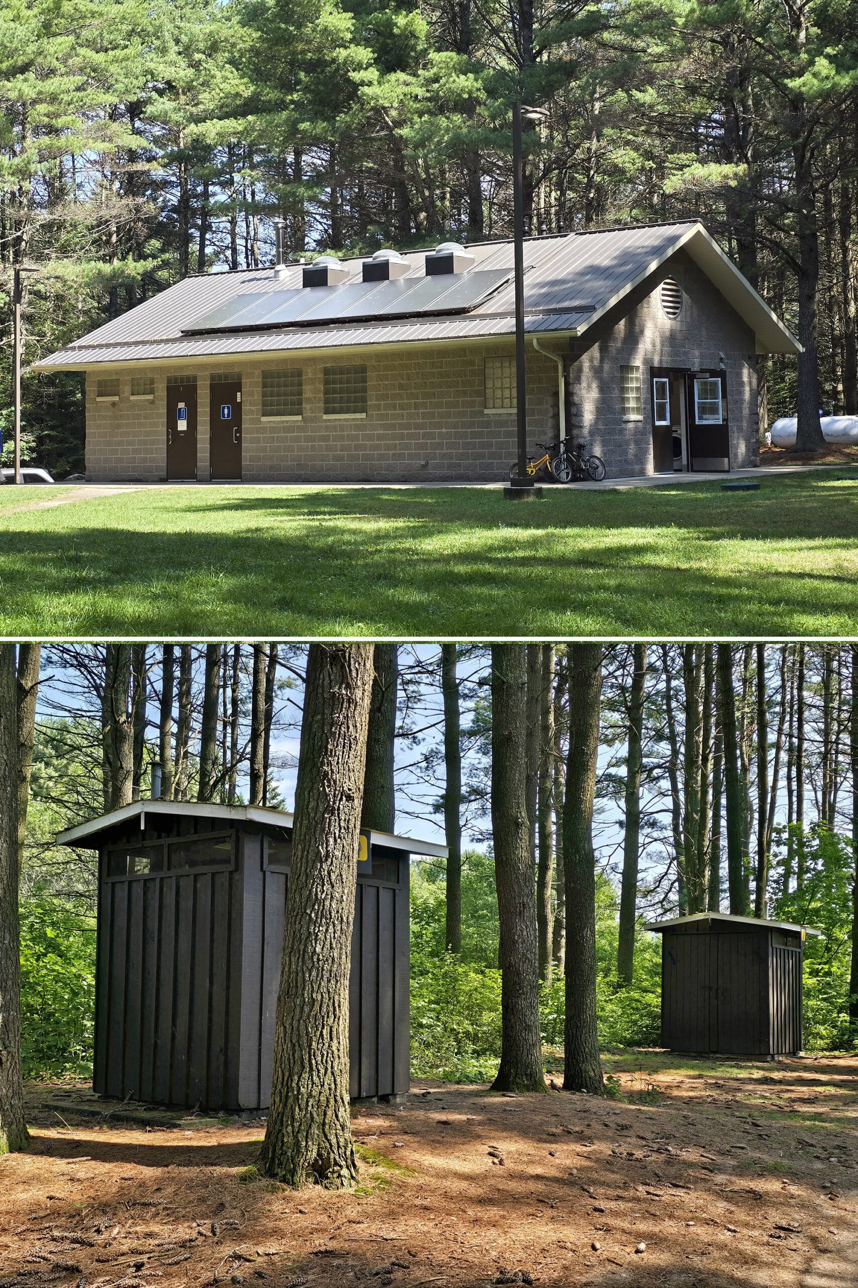 2 part image showing the comfort station and outhouses at Kearney Lake Campground.