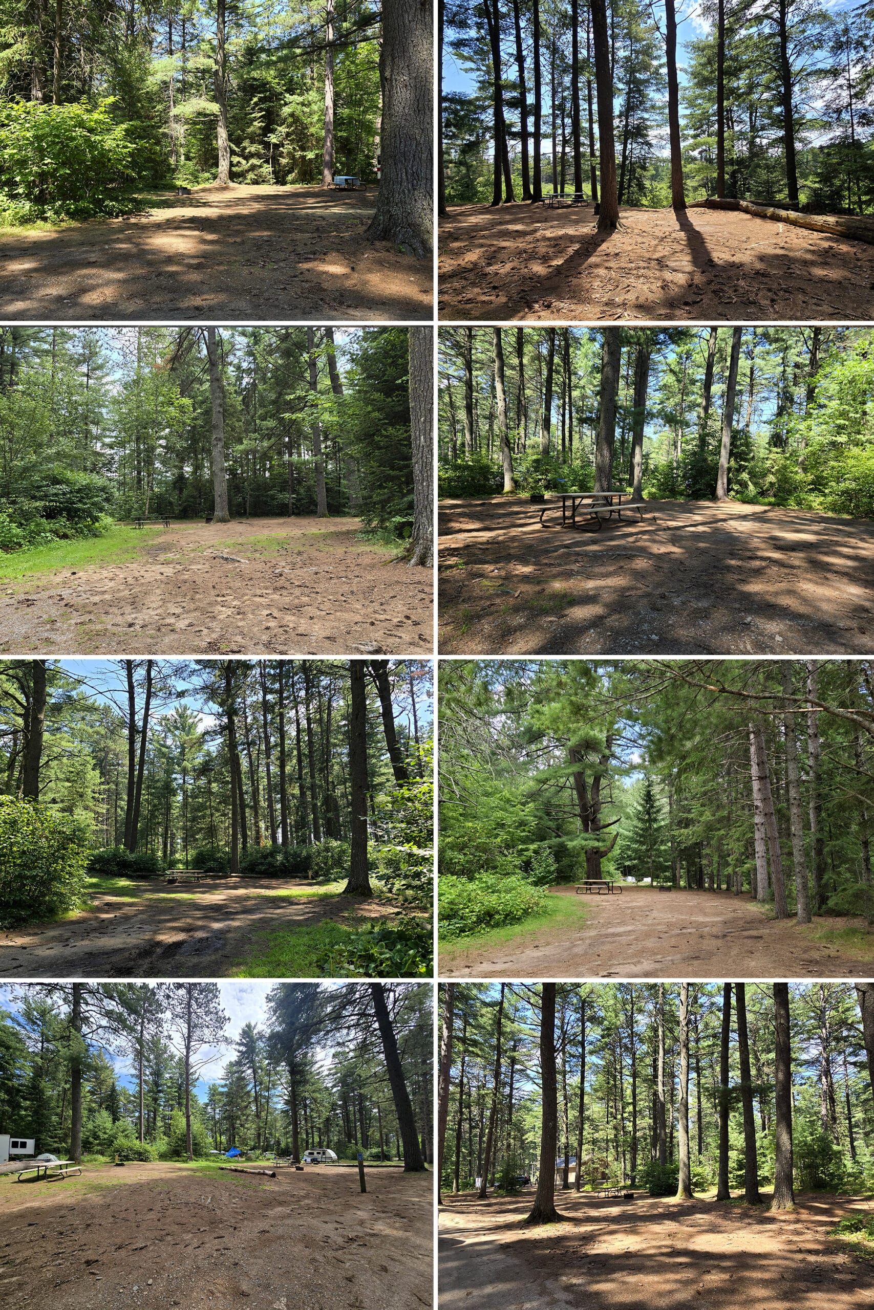 8 part image showing a variety of campsites at Lake of Two Rivers Campground.