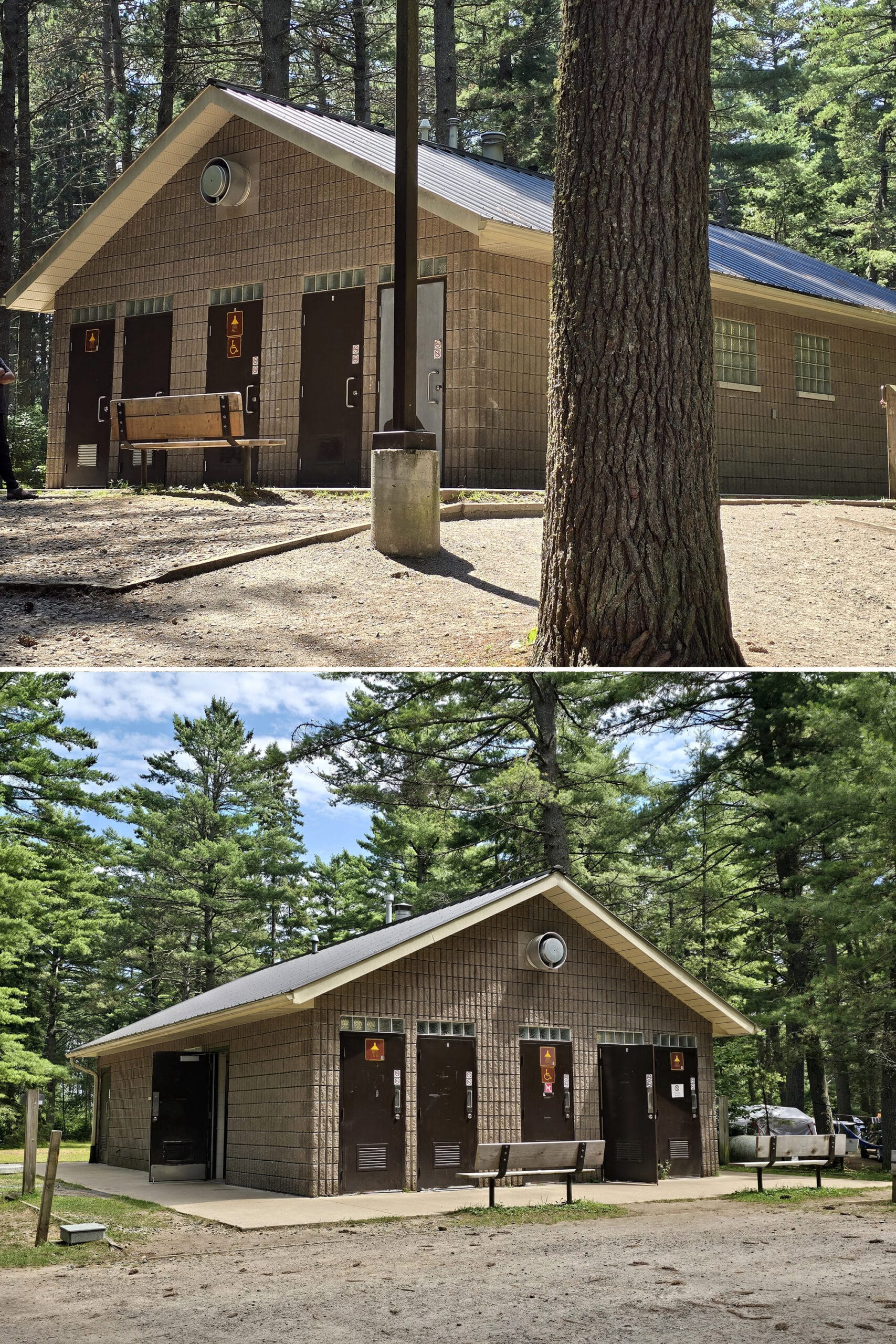 2 part image showing the comfort stations at Lake of Two Rivers Campground.