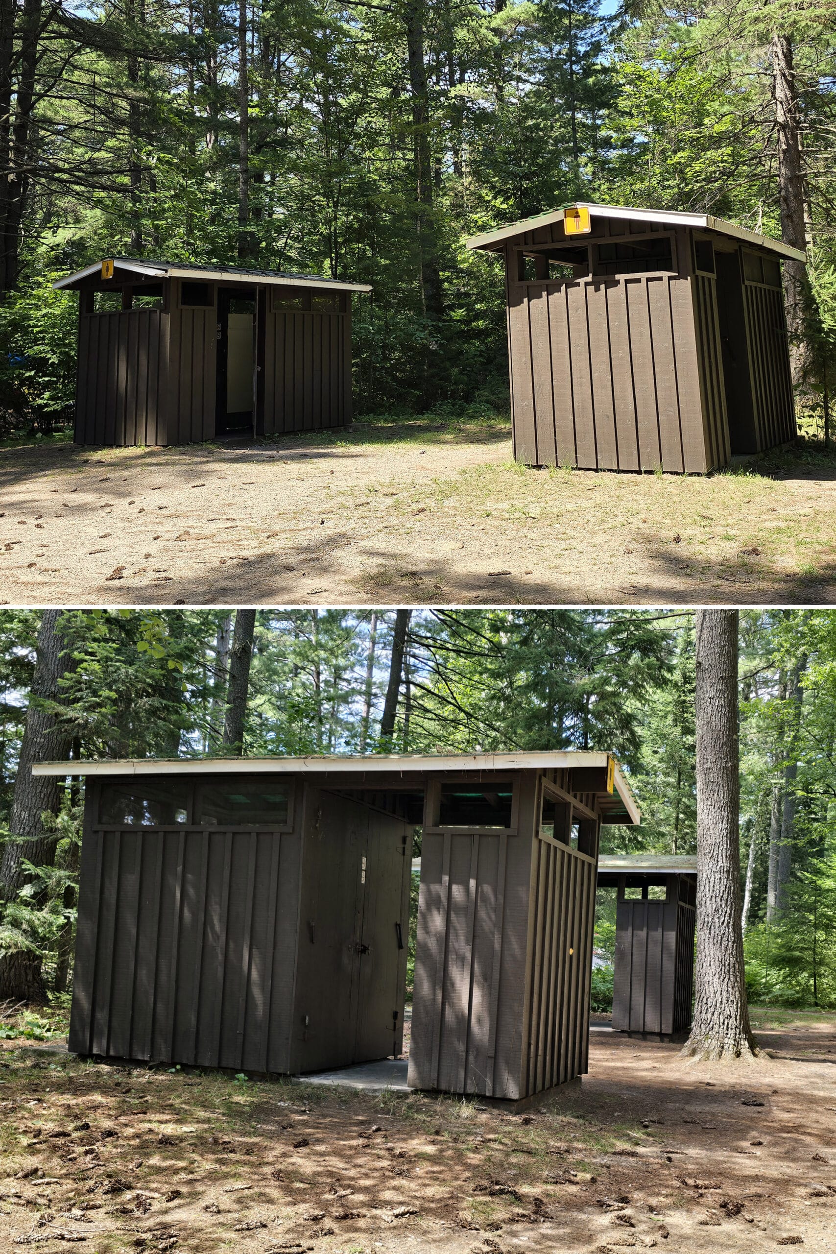 2 part image showing the vault toilet outhouses at LOTR campground.