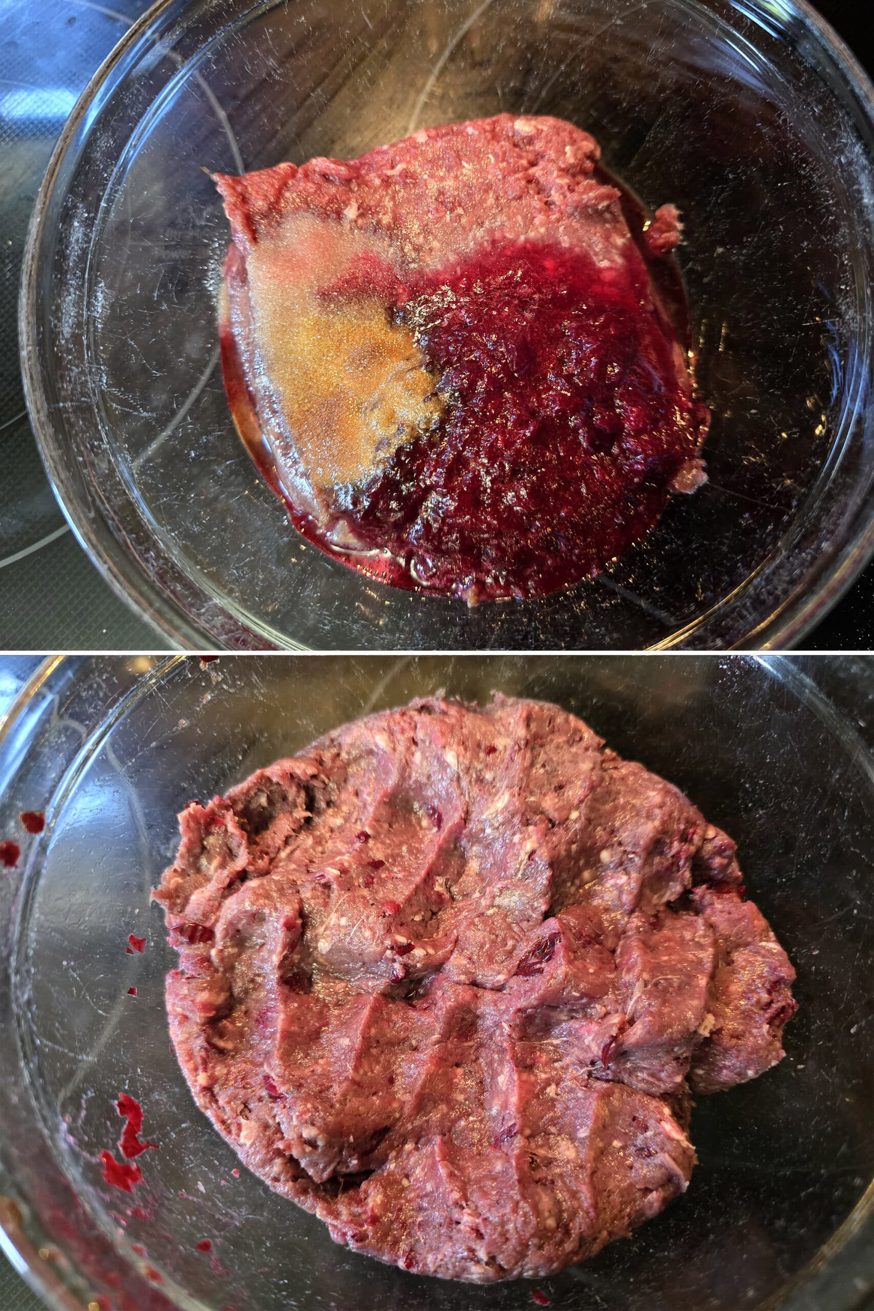 2 part image showing the elk jerky ingredients being mixed in a bowl