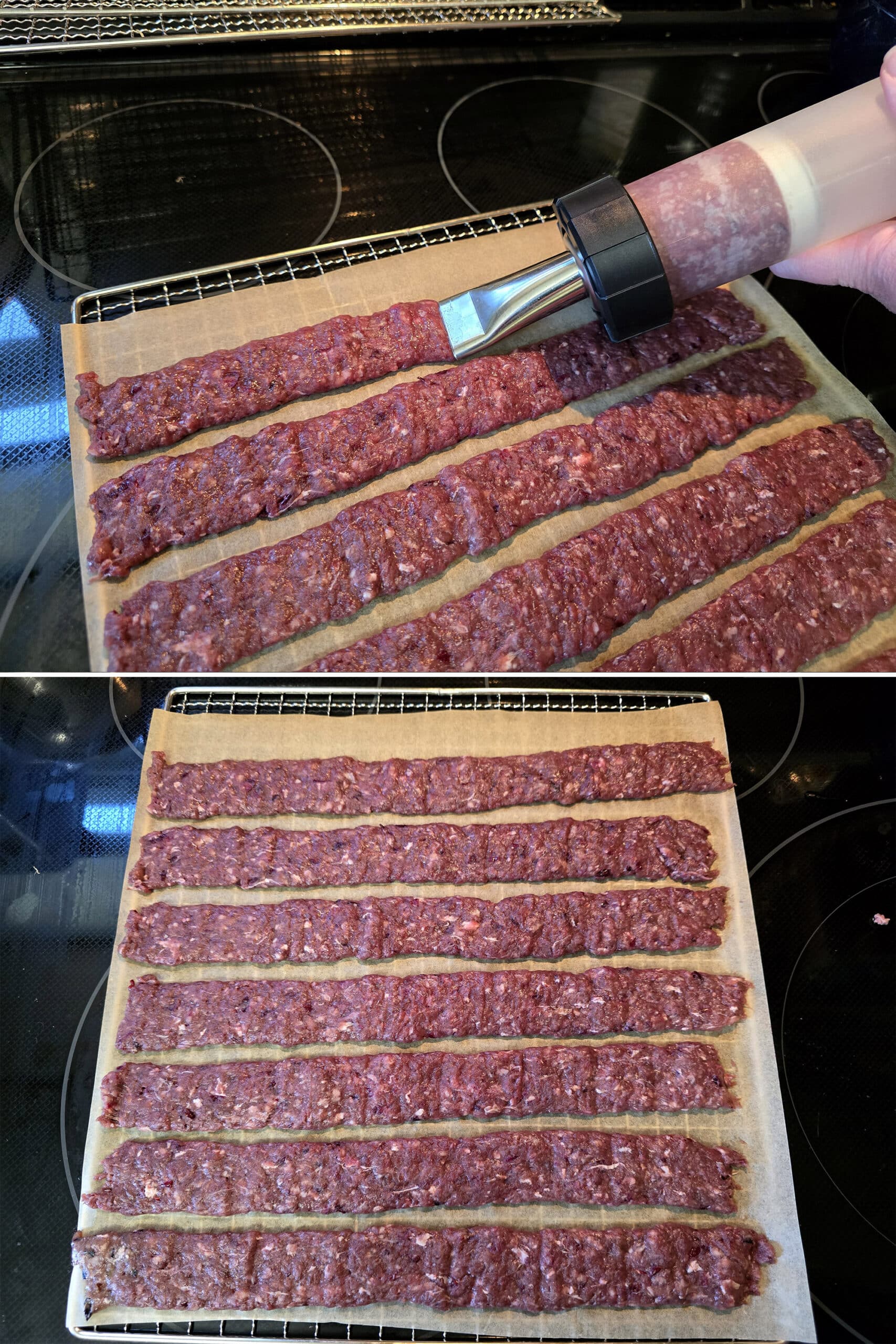 2 part image showing a jerky gun being used to pipe elk jerky mixture onto parchment paper.