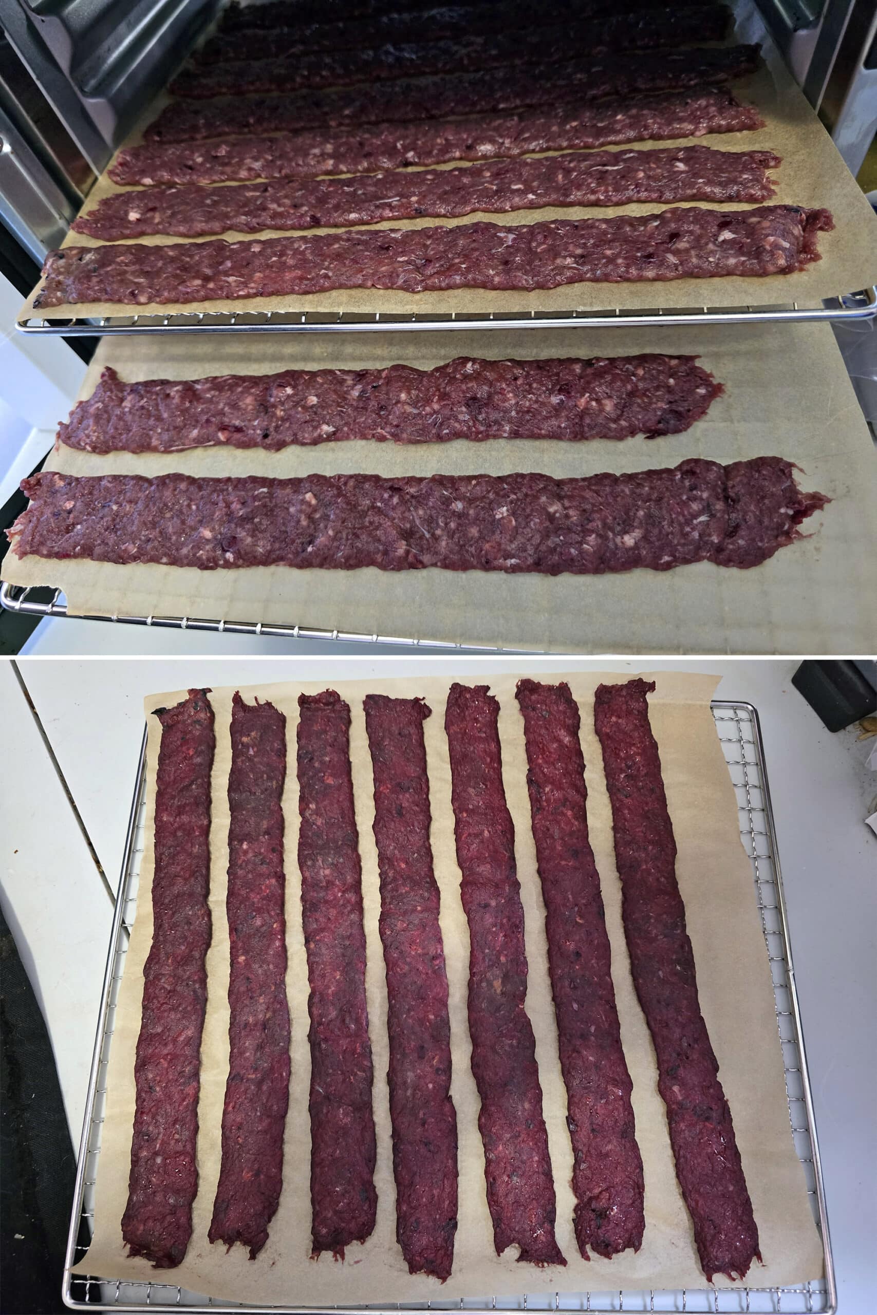 2 part image showing the elk jerky before and after dehydrating for 2 hours.