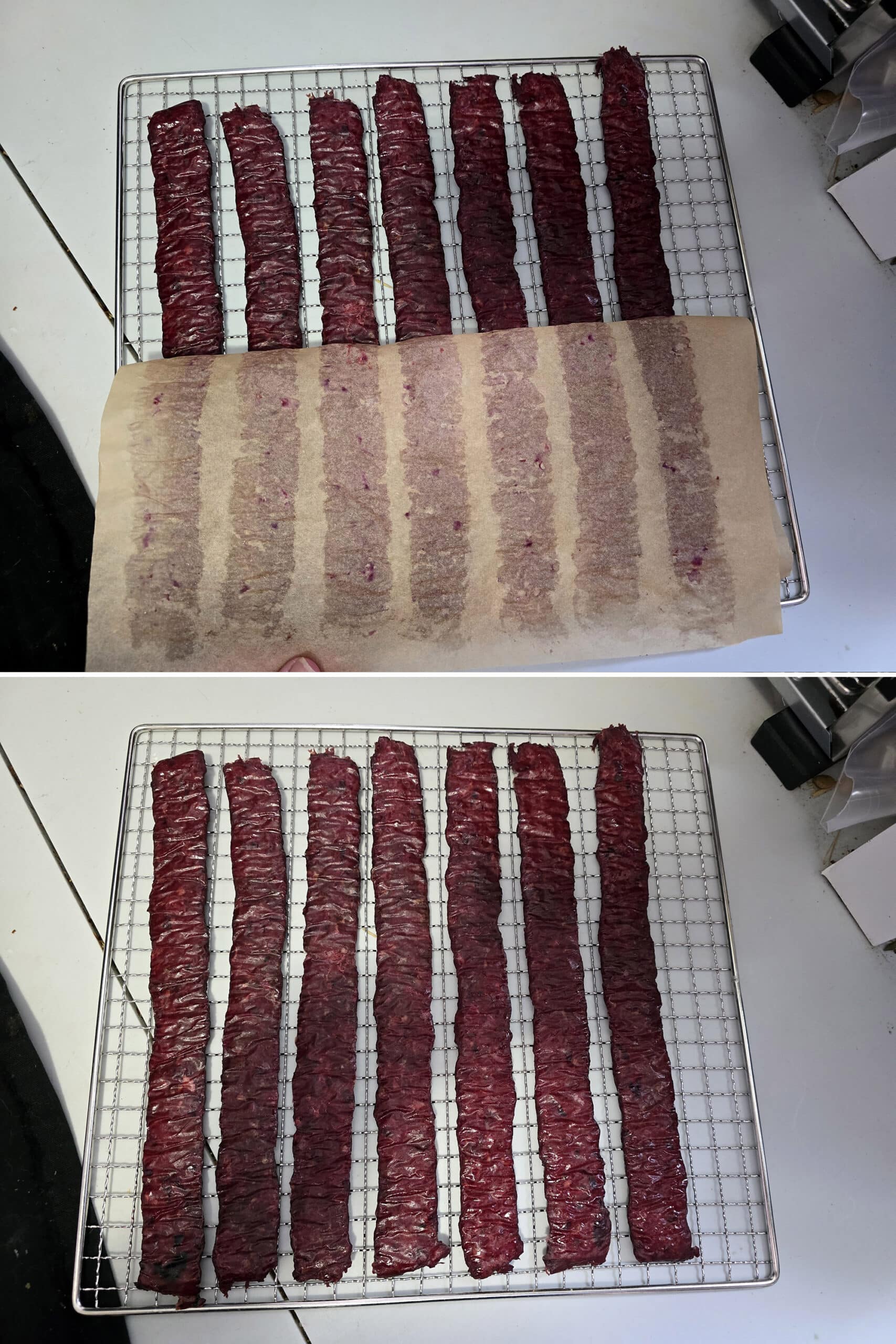 2 part image showing the homemade elk jerky being peeled from the parchment paper and placed directly on the dehydrator racks.