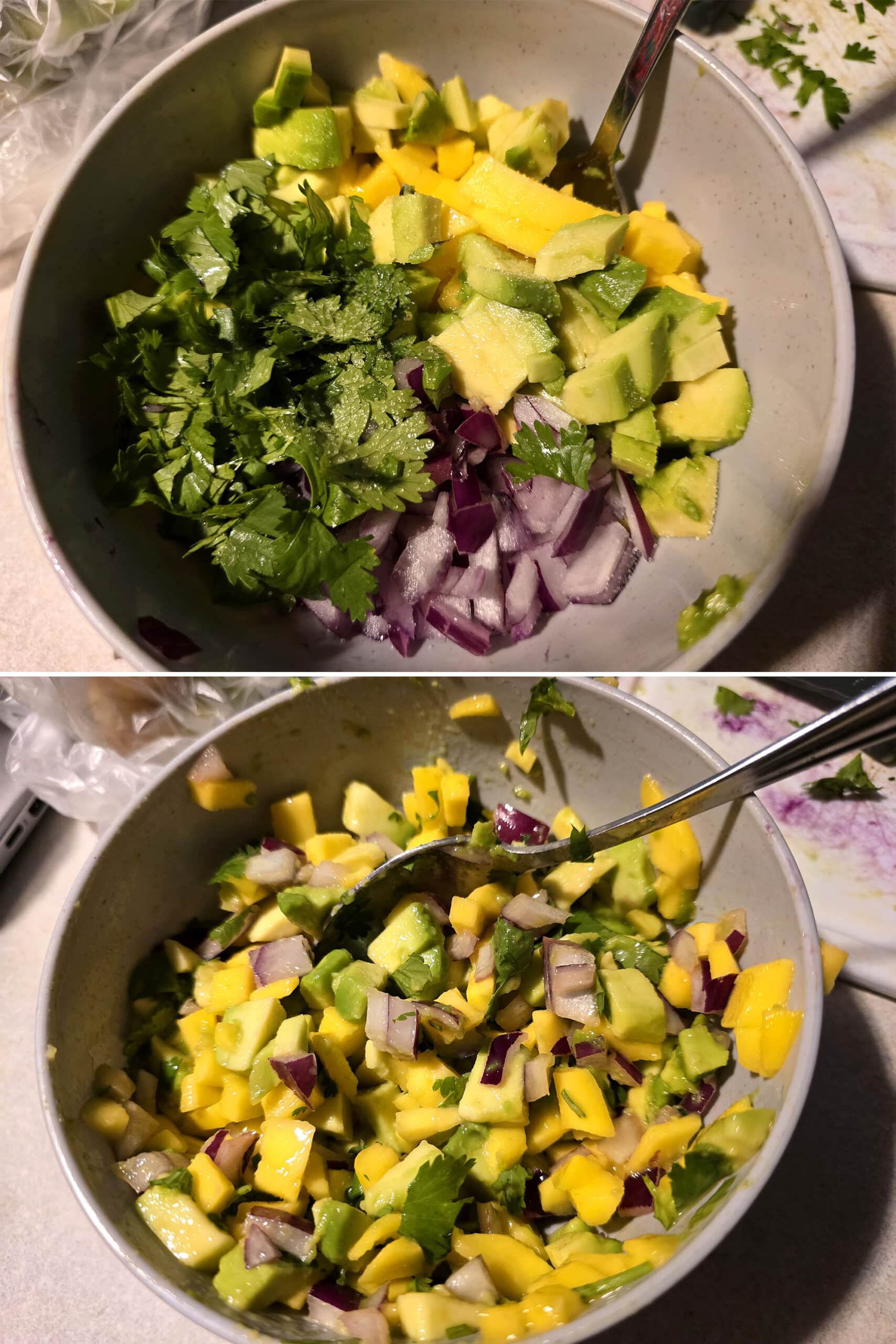 2 part image showing the mango salsa being mixed in a bowl.