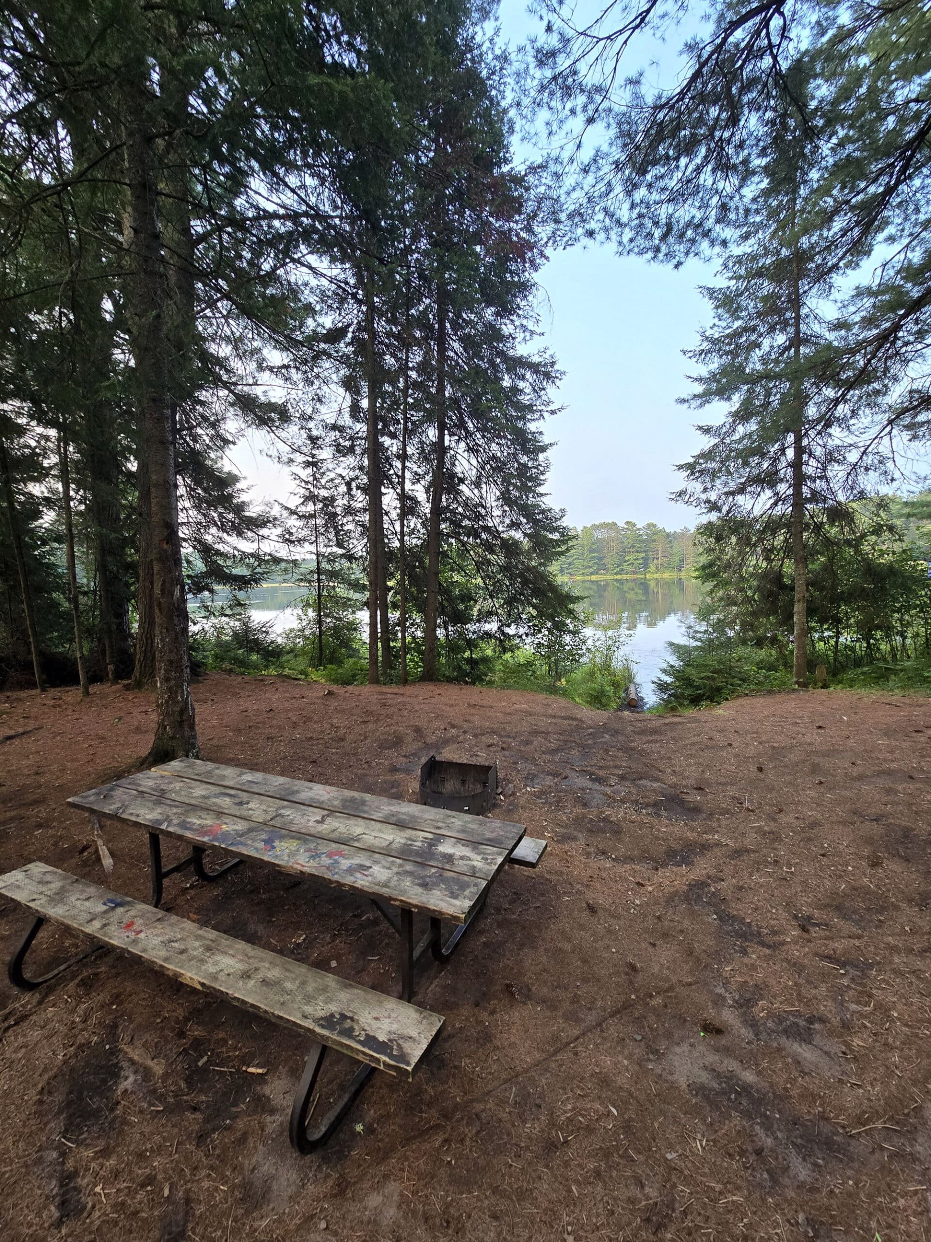 A campsite looking out over mew lake.