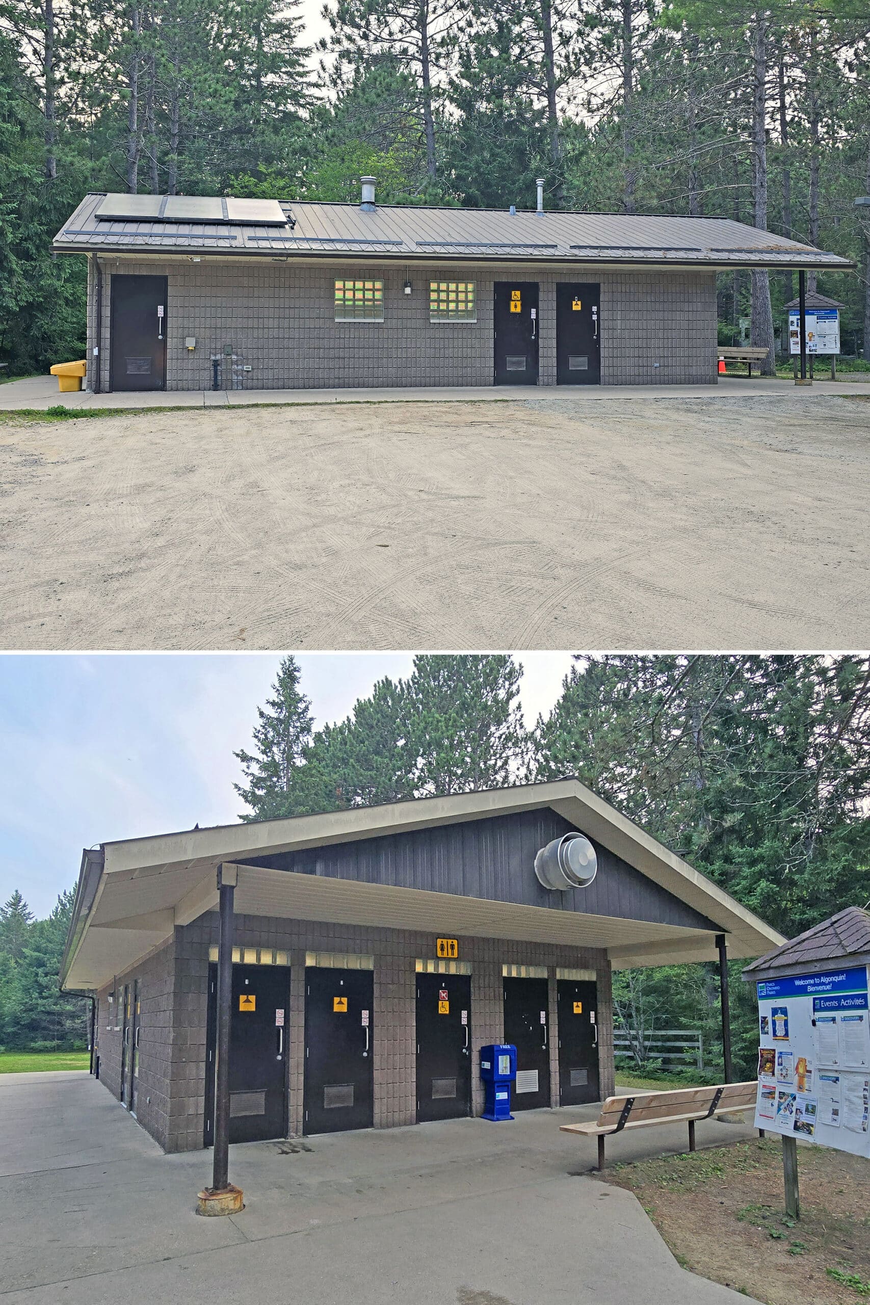 2 part image showing side and front views of the mew lake campground comfort station.