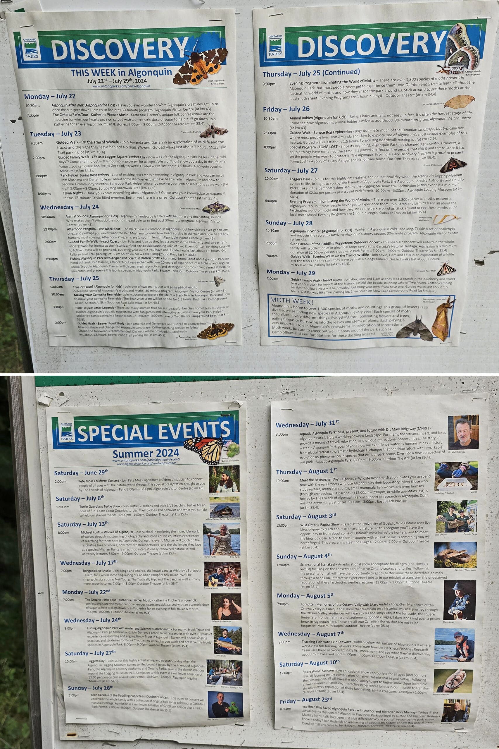 2 part image showing signage for the algonquin provincial park discovery program and special events.