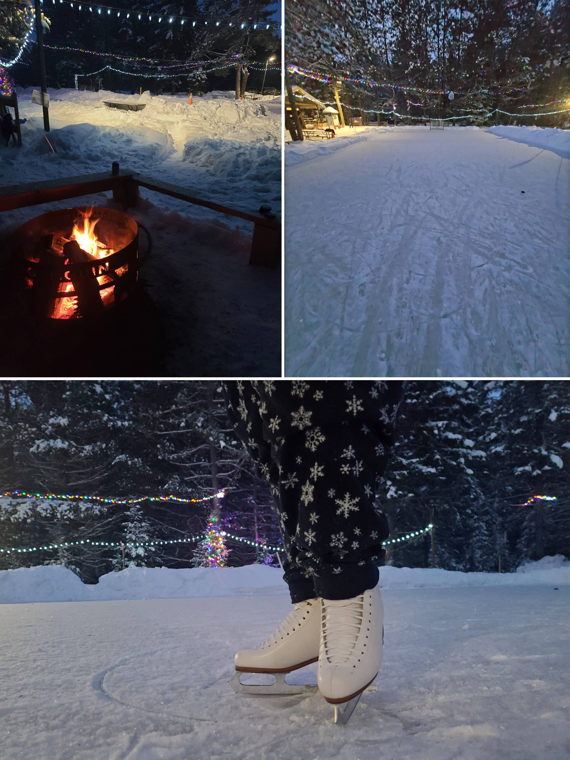 3 part image showing the ice rink at mew lake campground.