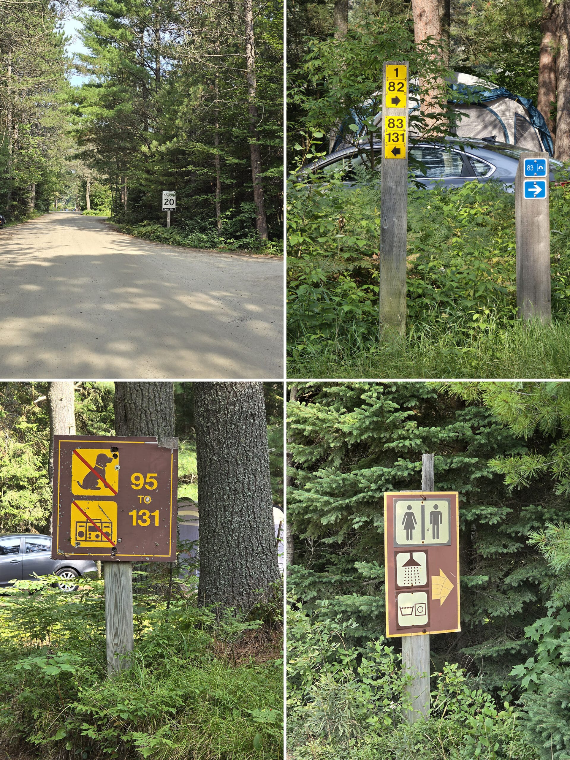 4 part image showing various examples of campground signage at mew lake campground.