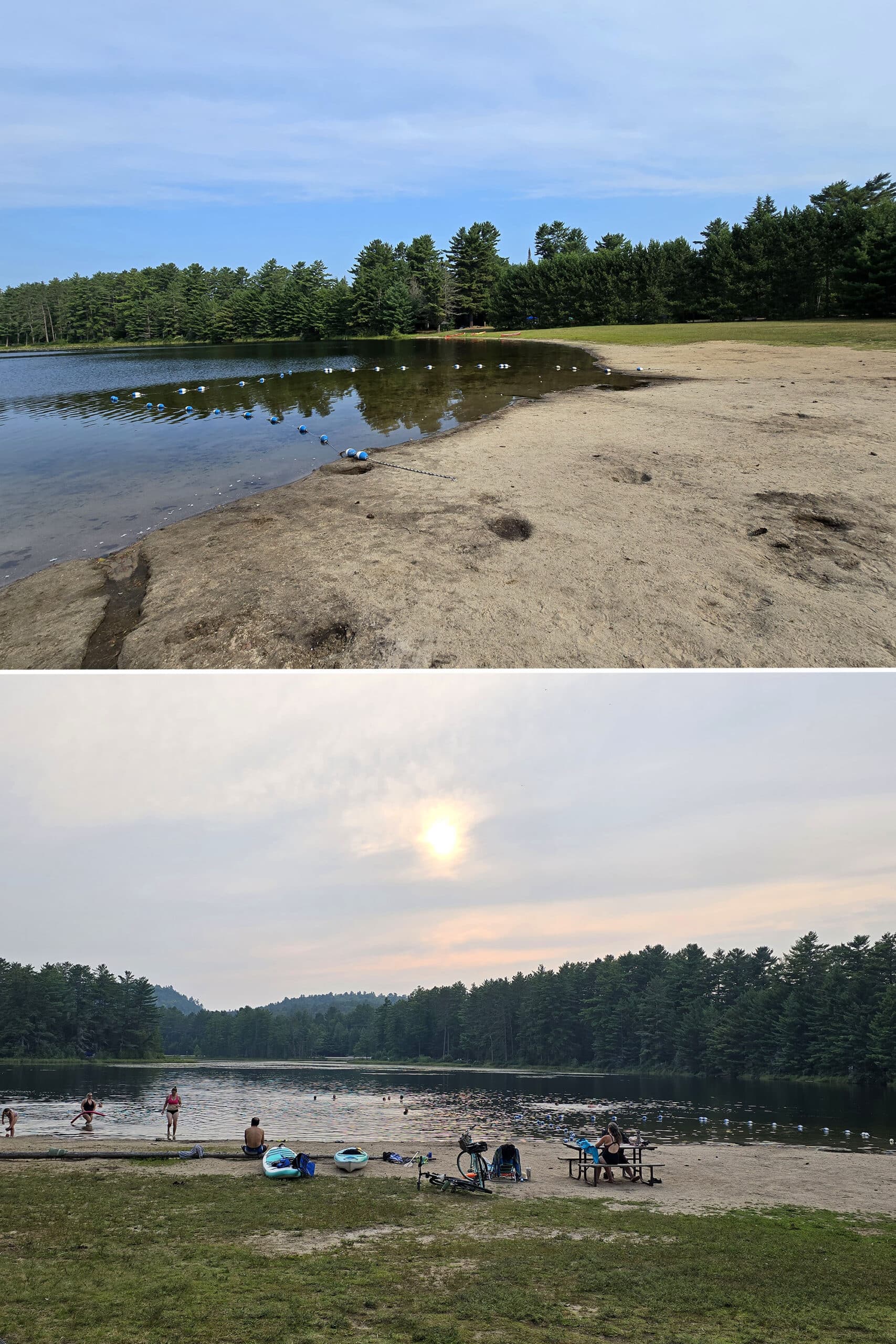 2 part image showing different views of the sandy beach at Mew Lake Campground.