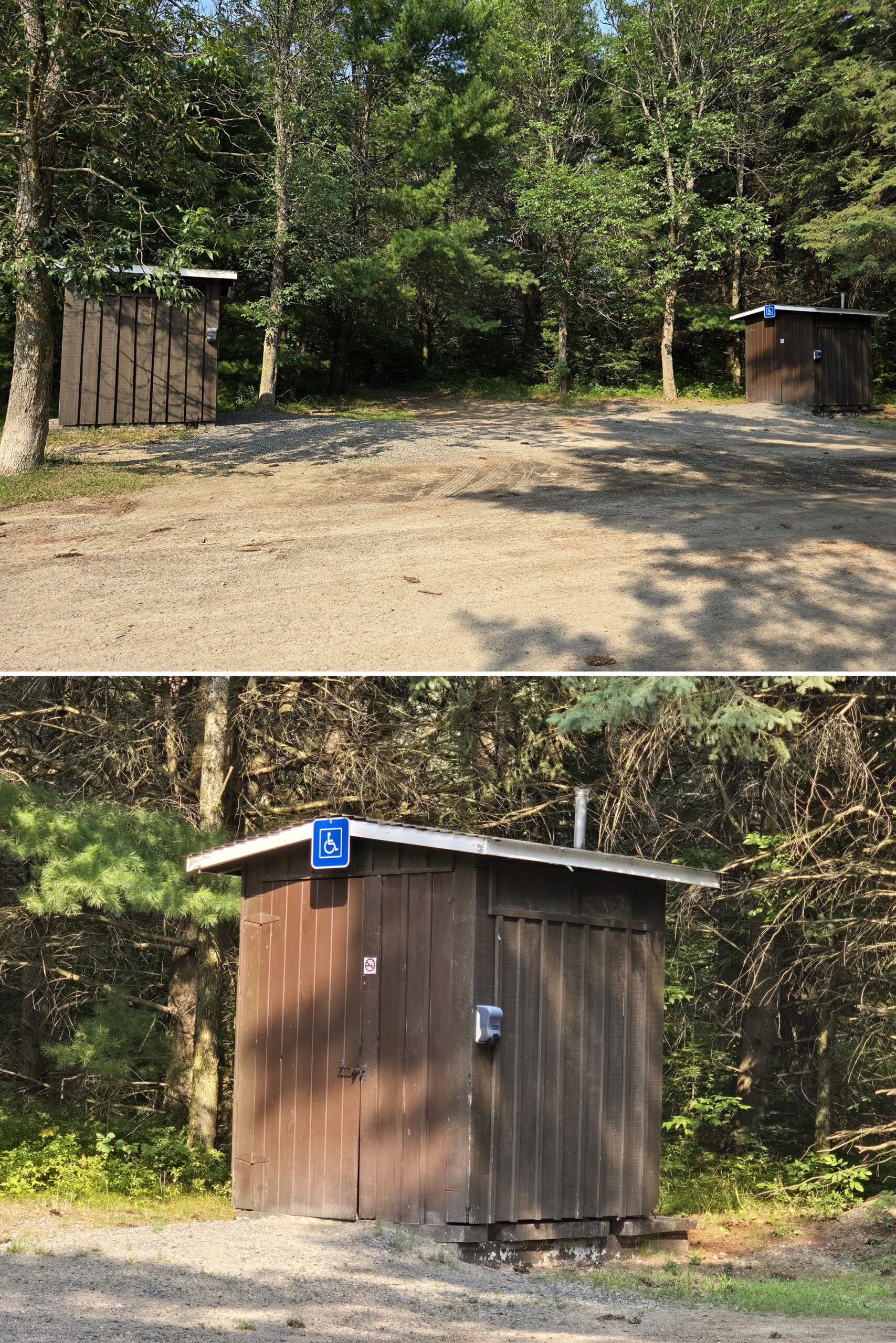 2 part image showing vault toilets.