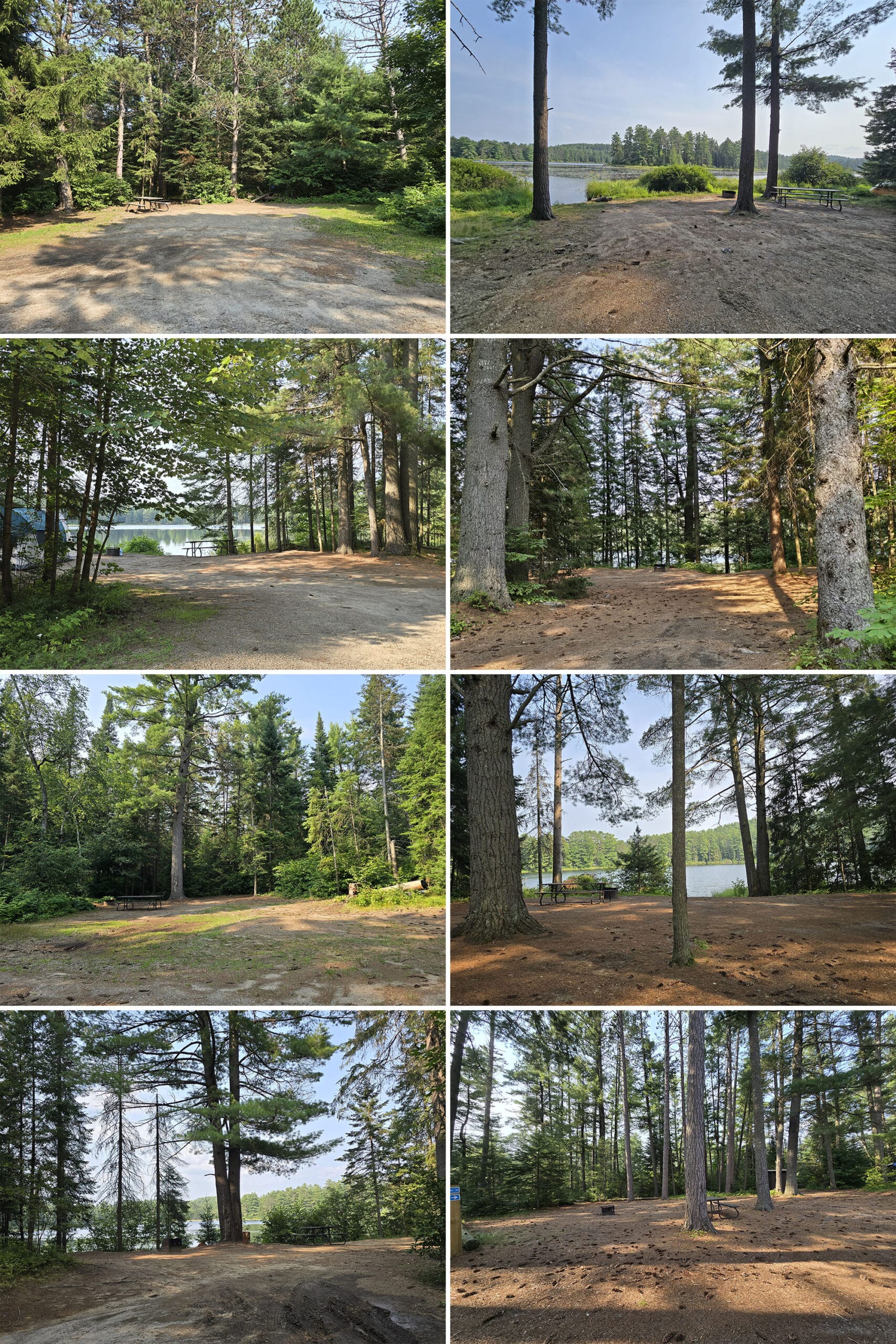 8 part image showing various campsites at the mew lake campground in algonquin provincial park.