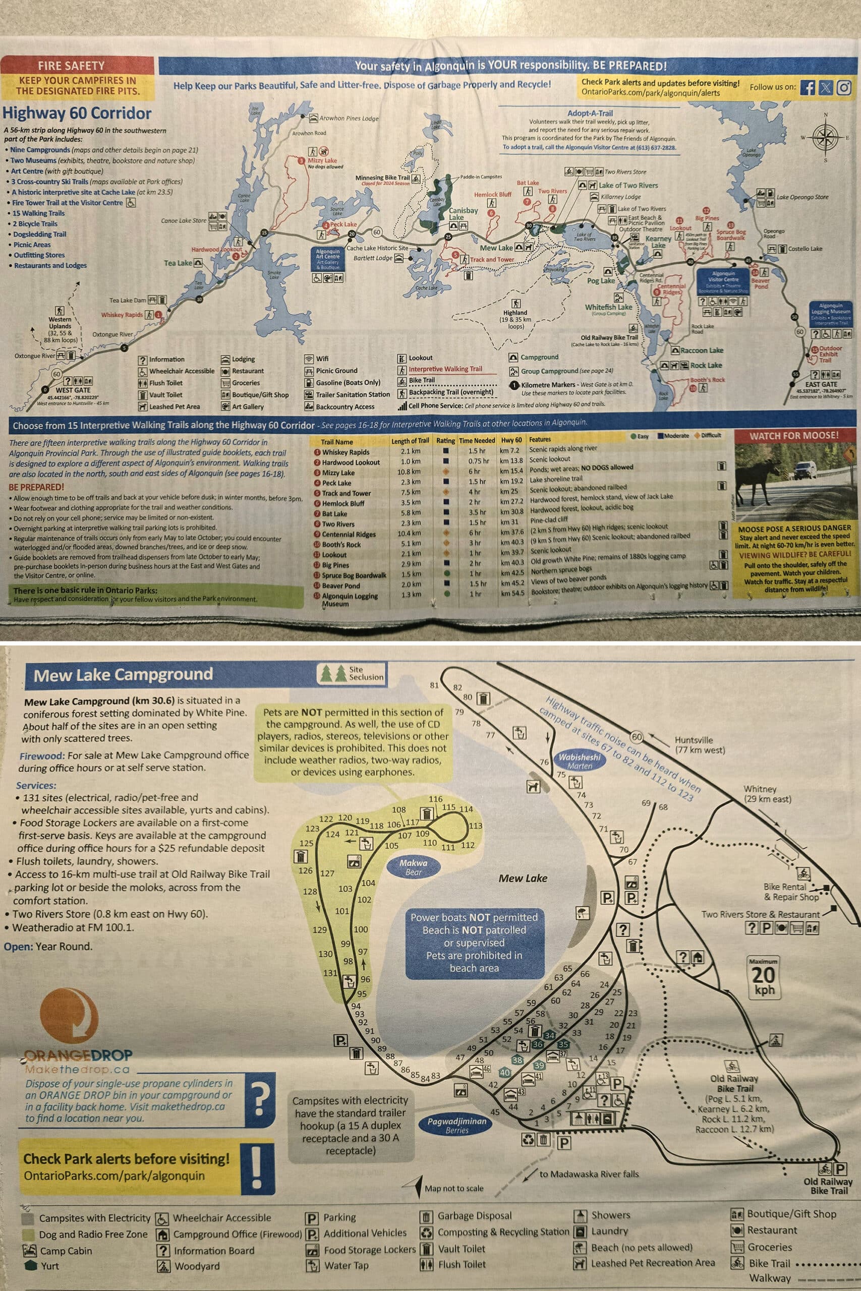 2 part image showing the overall Algonquin Provincial Park Map, and the Mew Lake Campground Map.