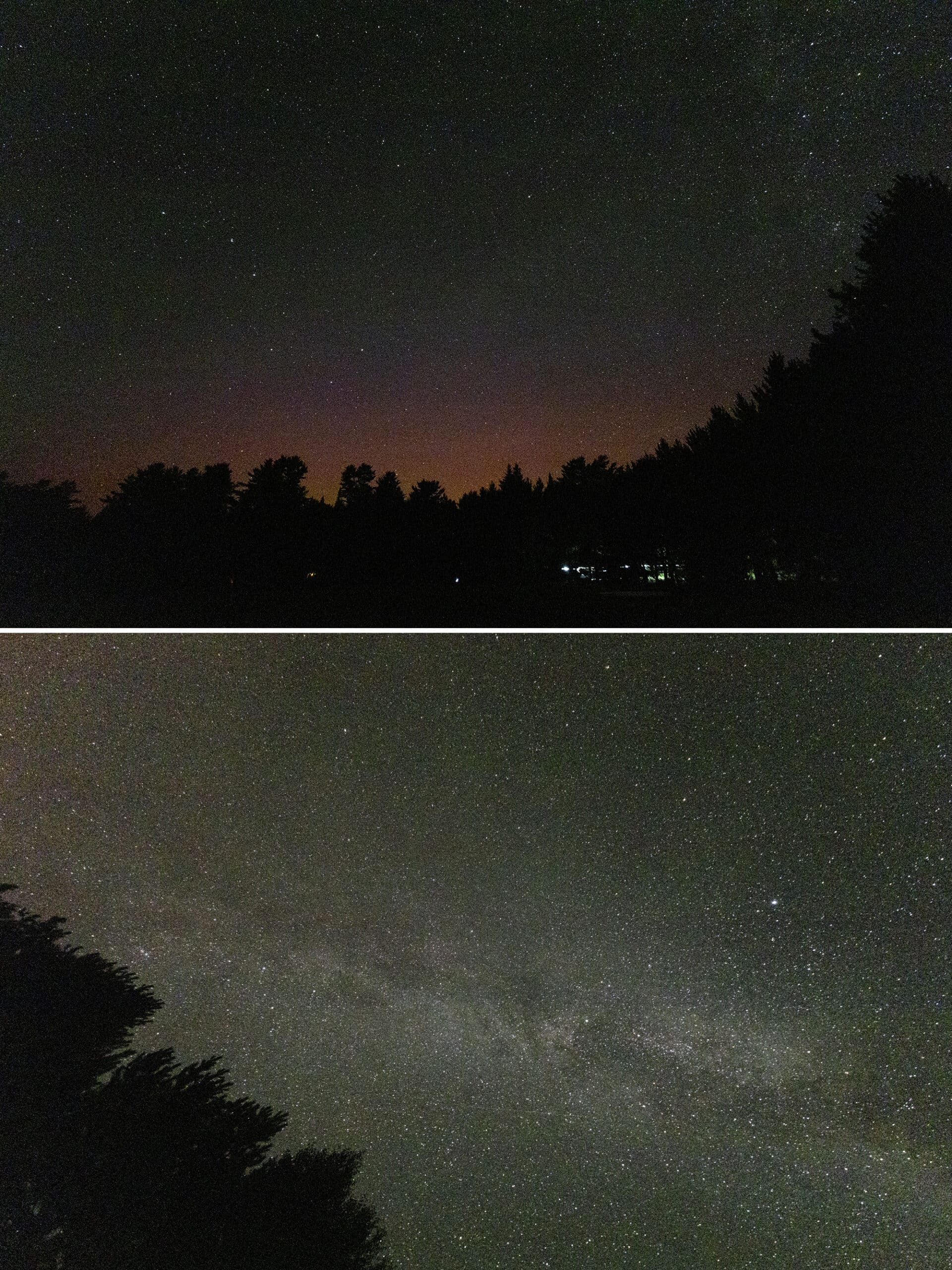 2 part image showing the northern lights and milky way.