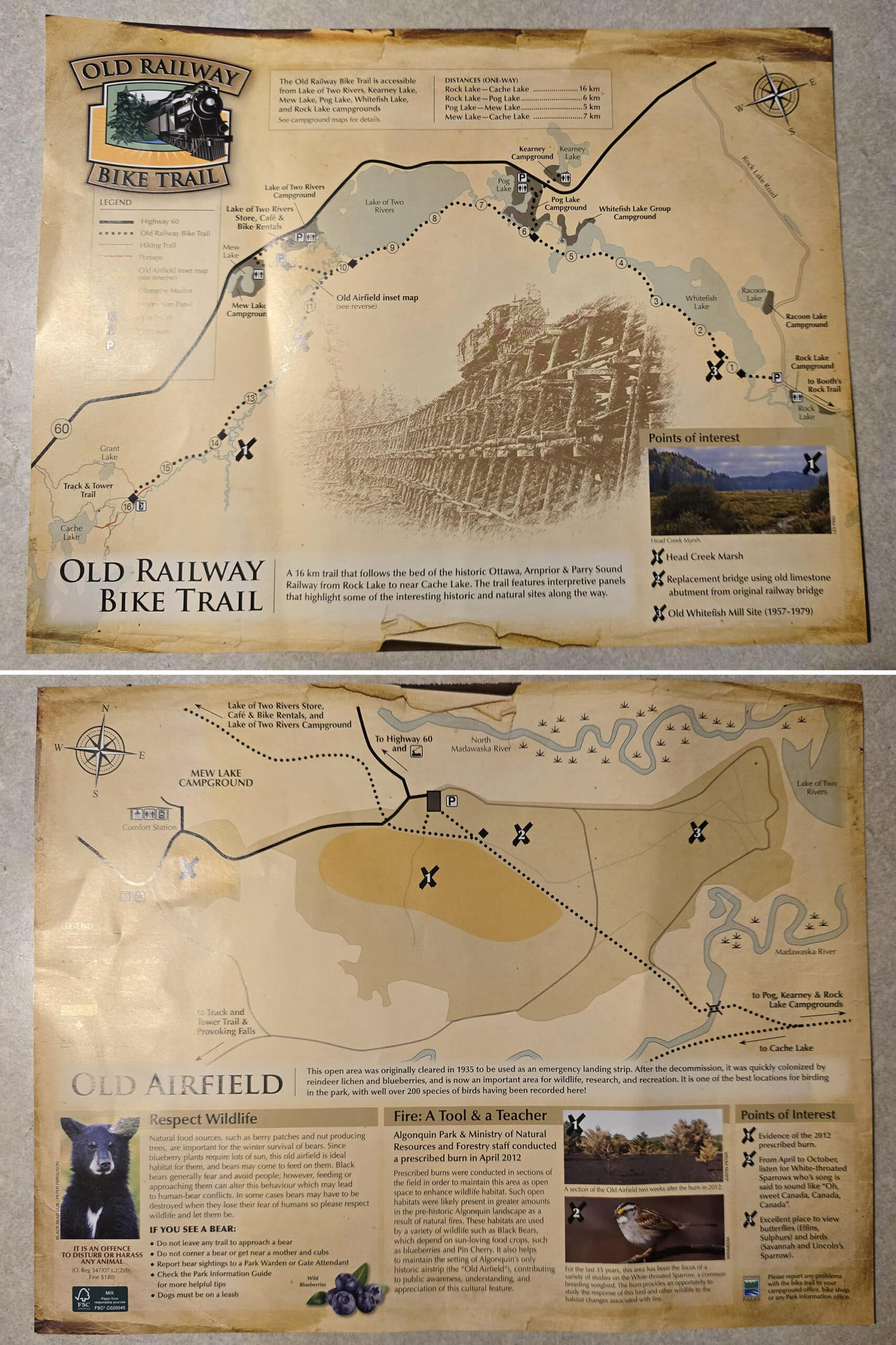 2 part image showing the front and back view of a map of the old airfield at mew lake campground.