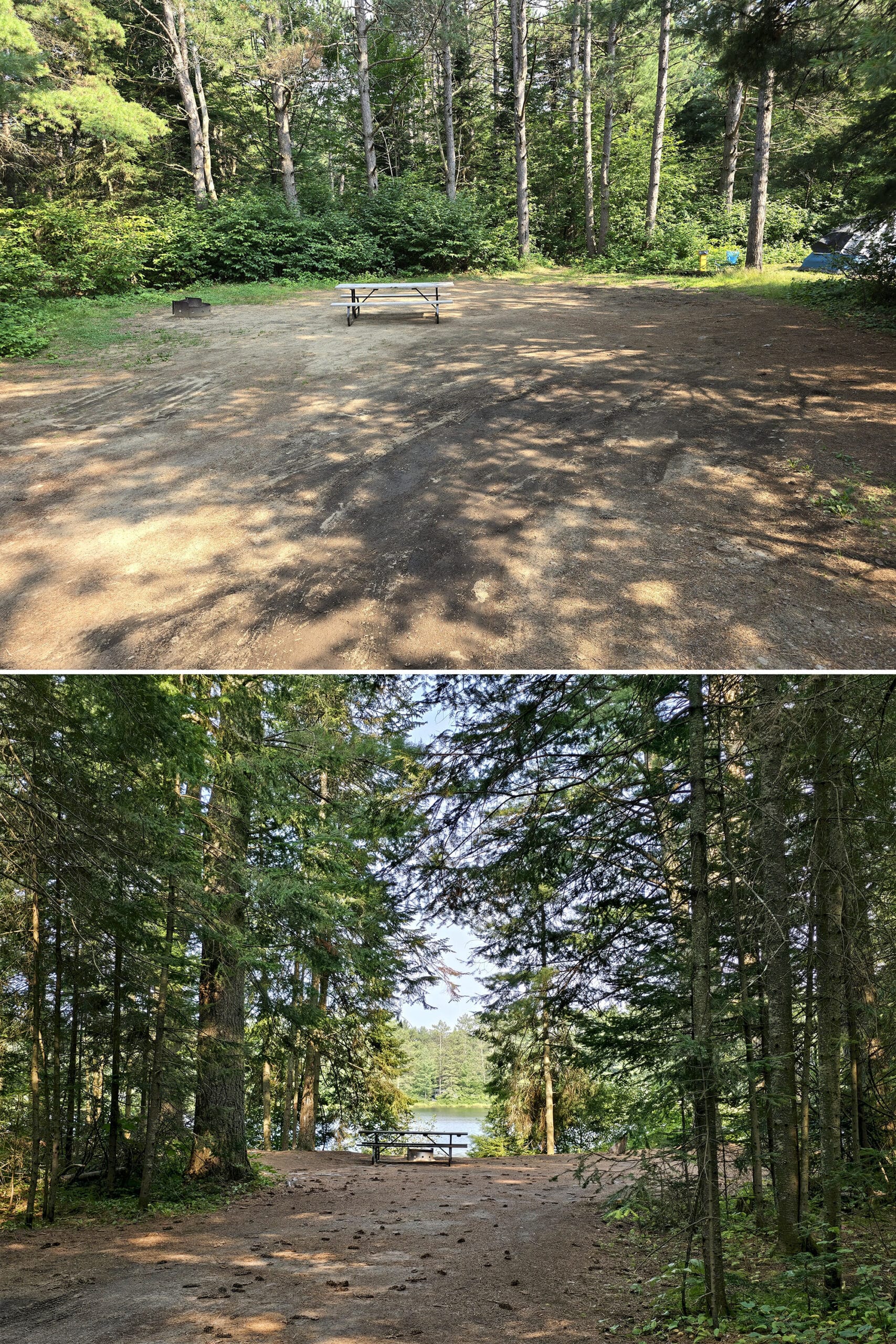 2 part image showing two of the campsites at Mew Lake Campground.