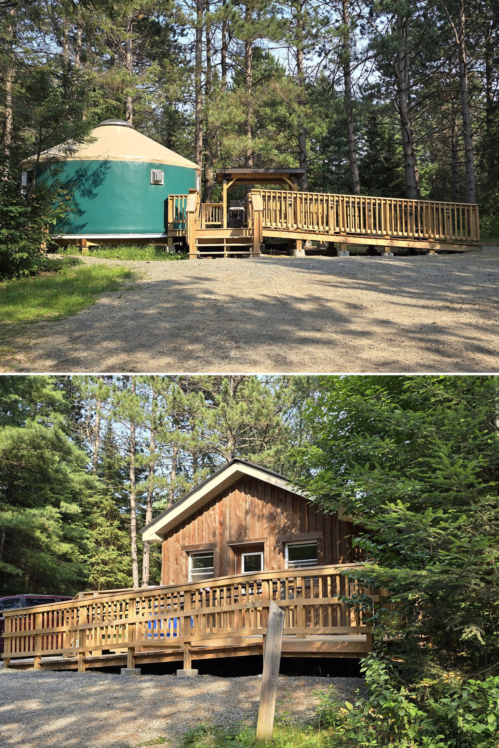 2 part image showing a yurt and a cabin at Mew Lake Campground.