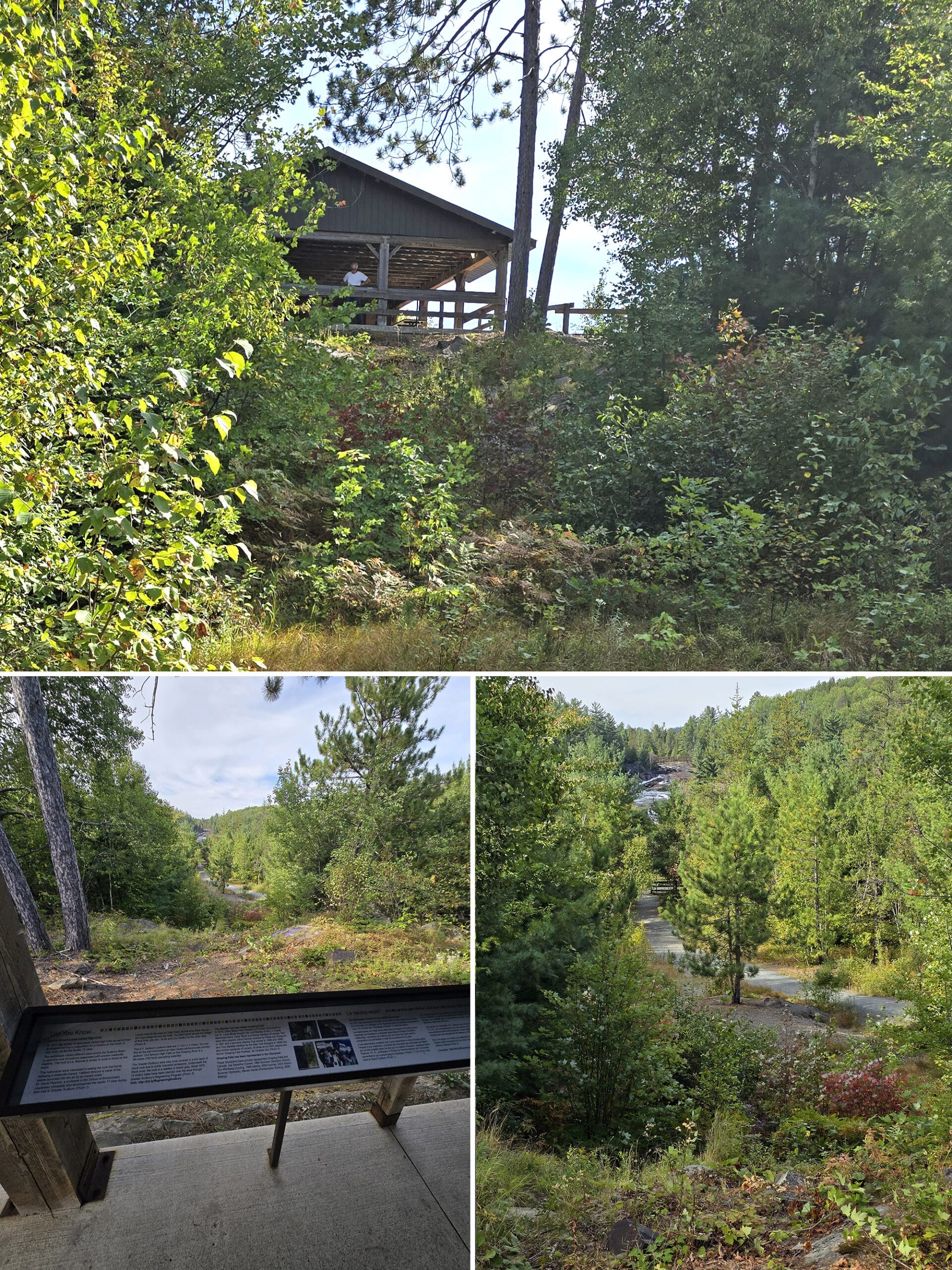 3 part image showing the A. Y. Jackson lookout and the view from it.