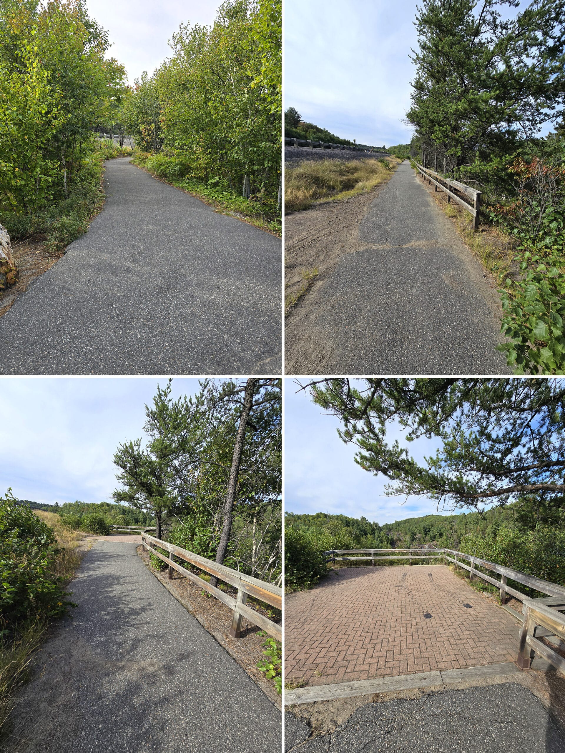 4 part image showing the accessible trail and lookout at Onaping Falls.