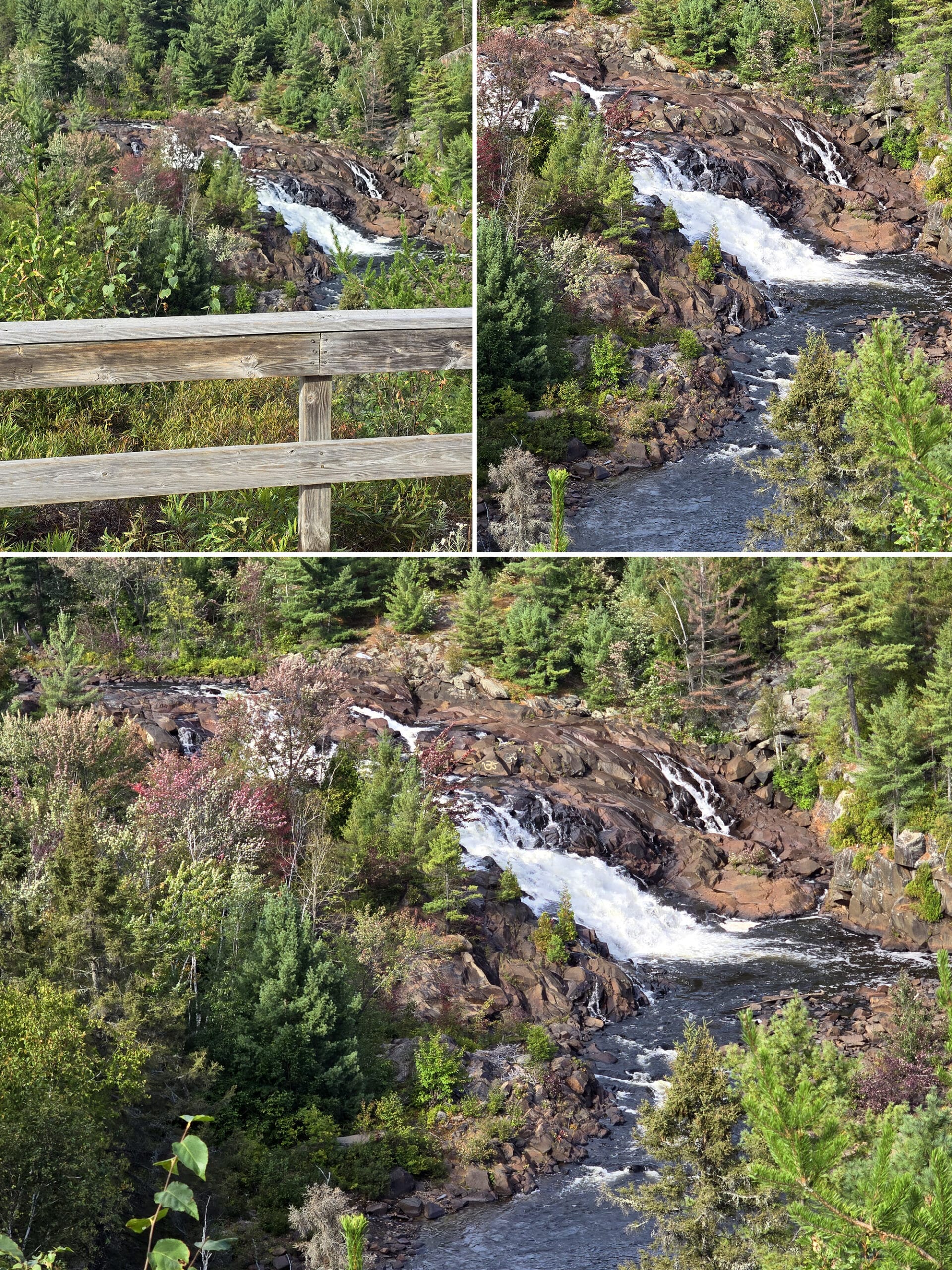 3 part image showing views of Onaping falls from the accessible lookout.