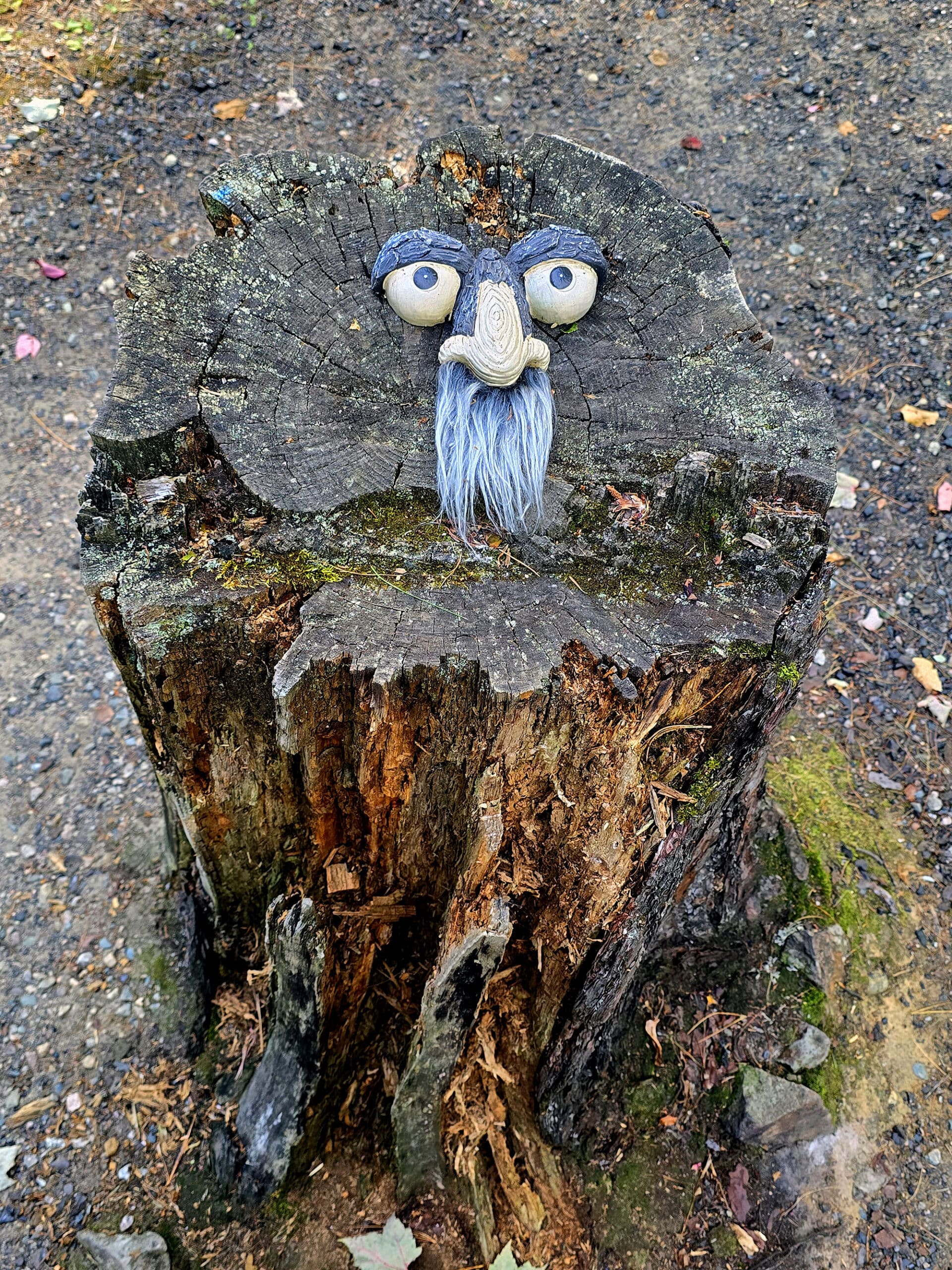 A tree stump with a face sculpted on.