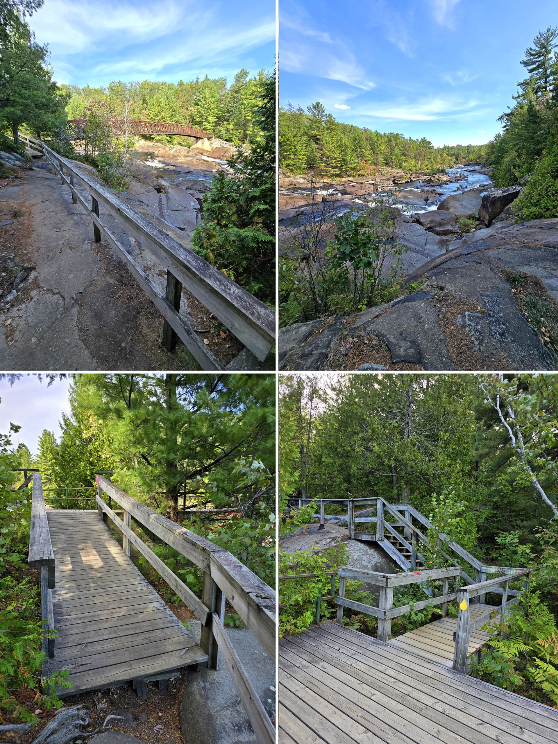 4 part image showing the pedestrian bridge at Onaping Falls.