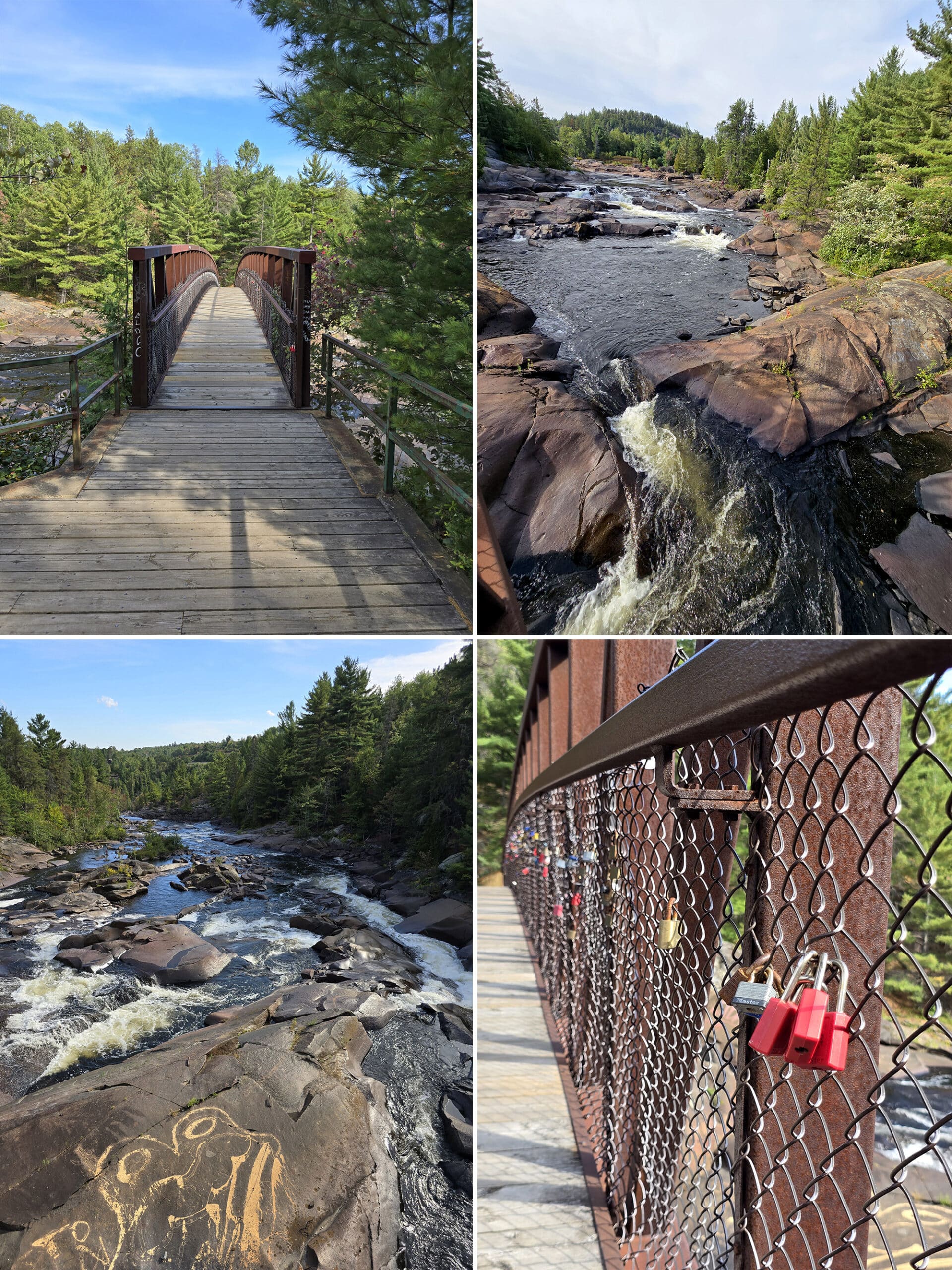 4 part image showing the pedestrian bridge at Onaping Falls.