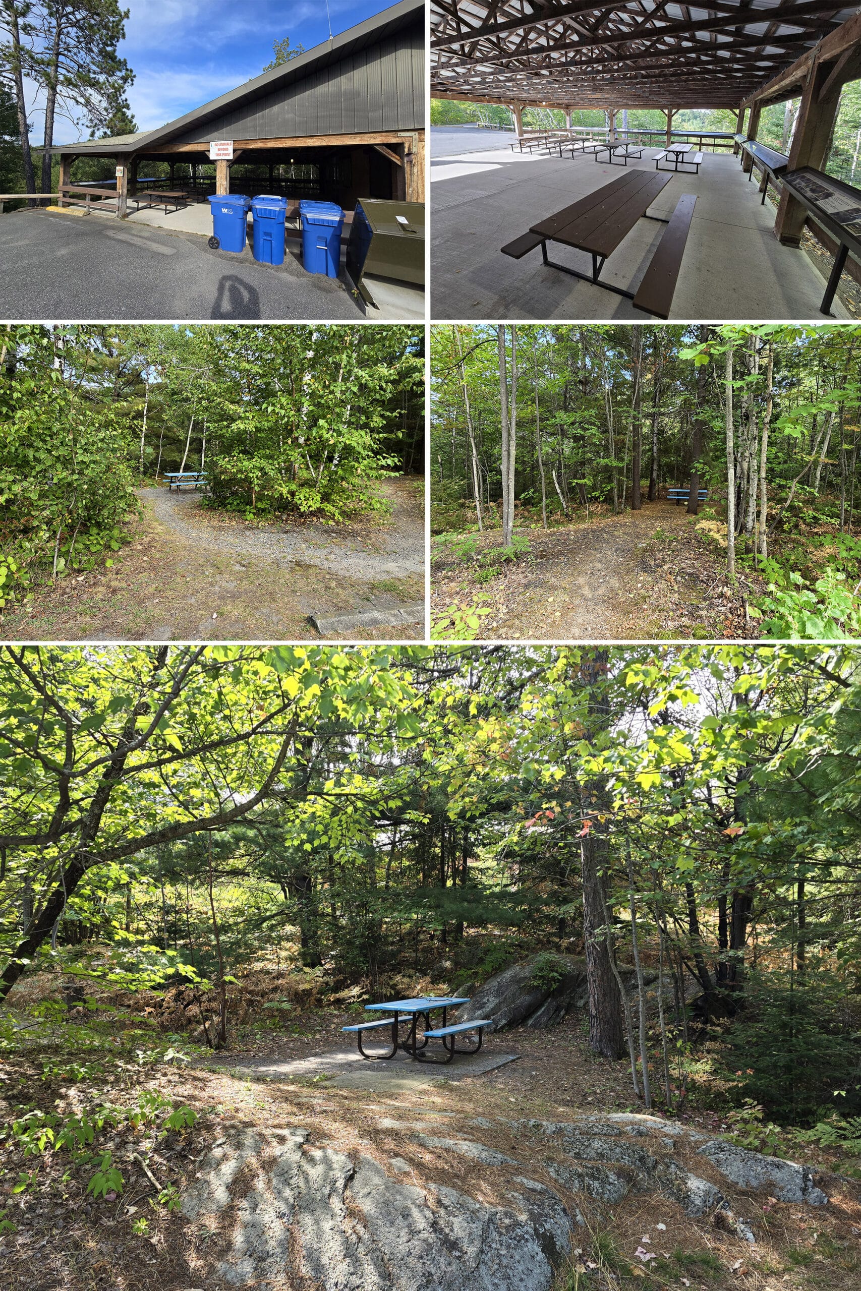 5 part image showing some of the picnic areas at the A Y jackson Lookout and Onaping Falls.