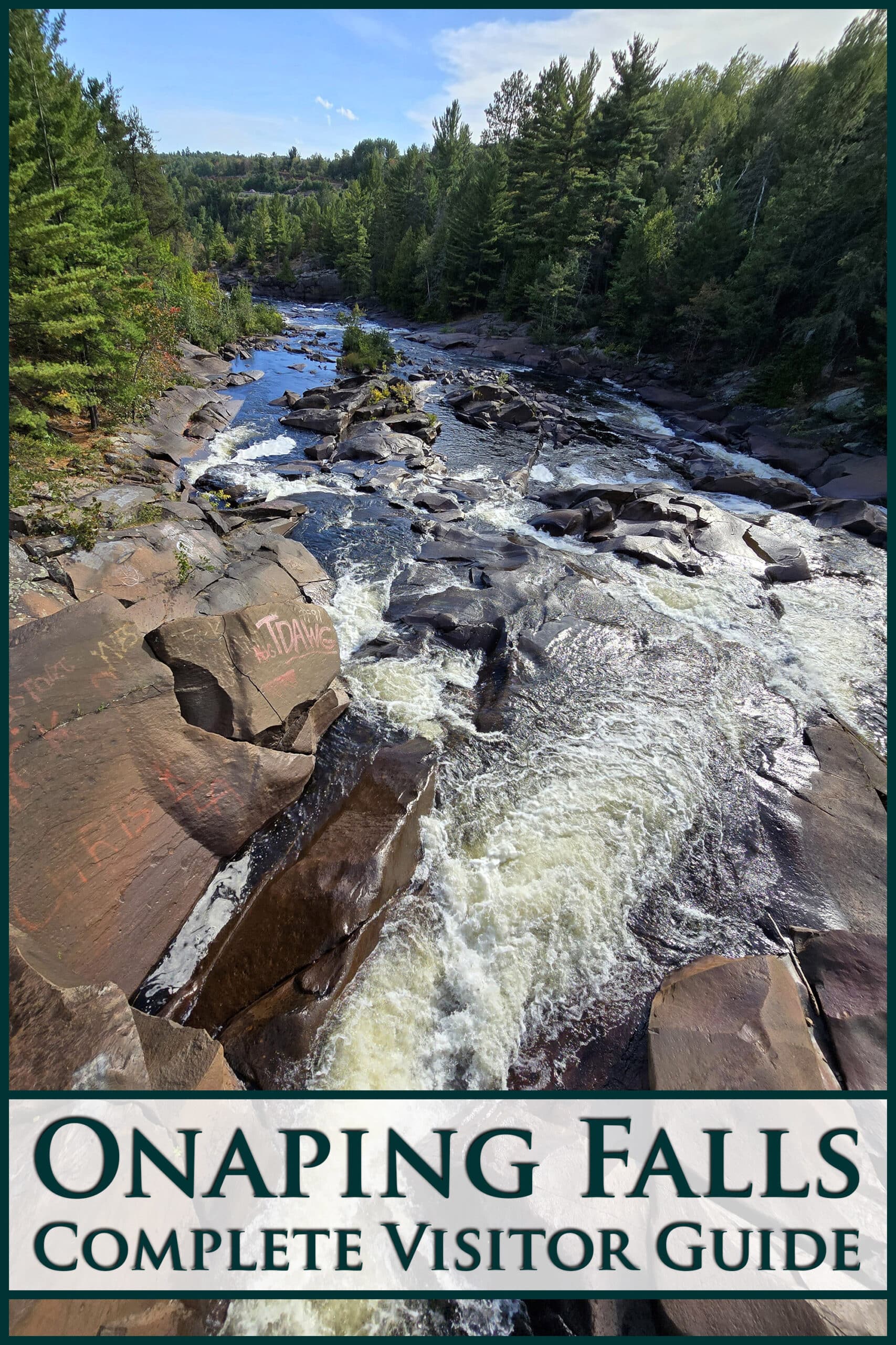 A cascading waterfalls viewed from the top. Overlaid text says Onaping Falls complete visitor guide.