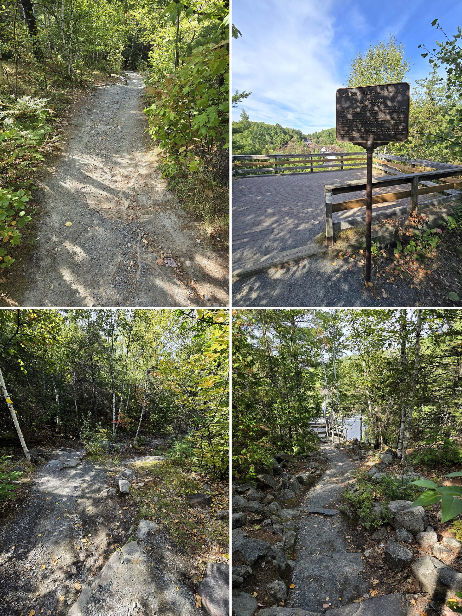 4 part image showing various views along the Onaping Falls Riverside Trail.