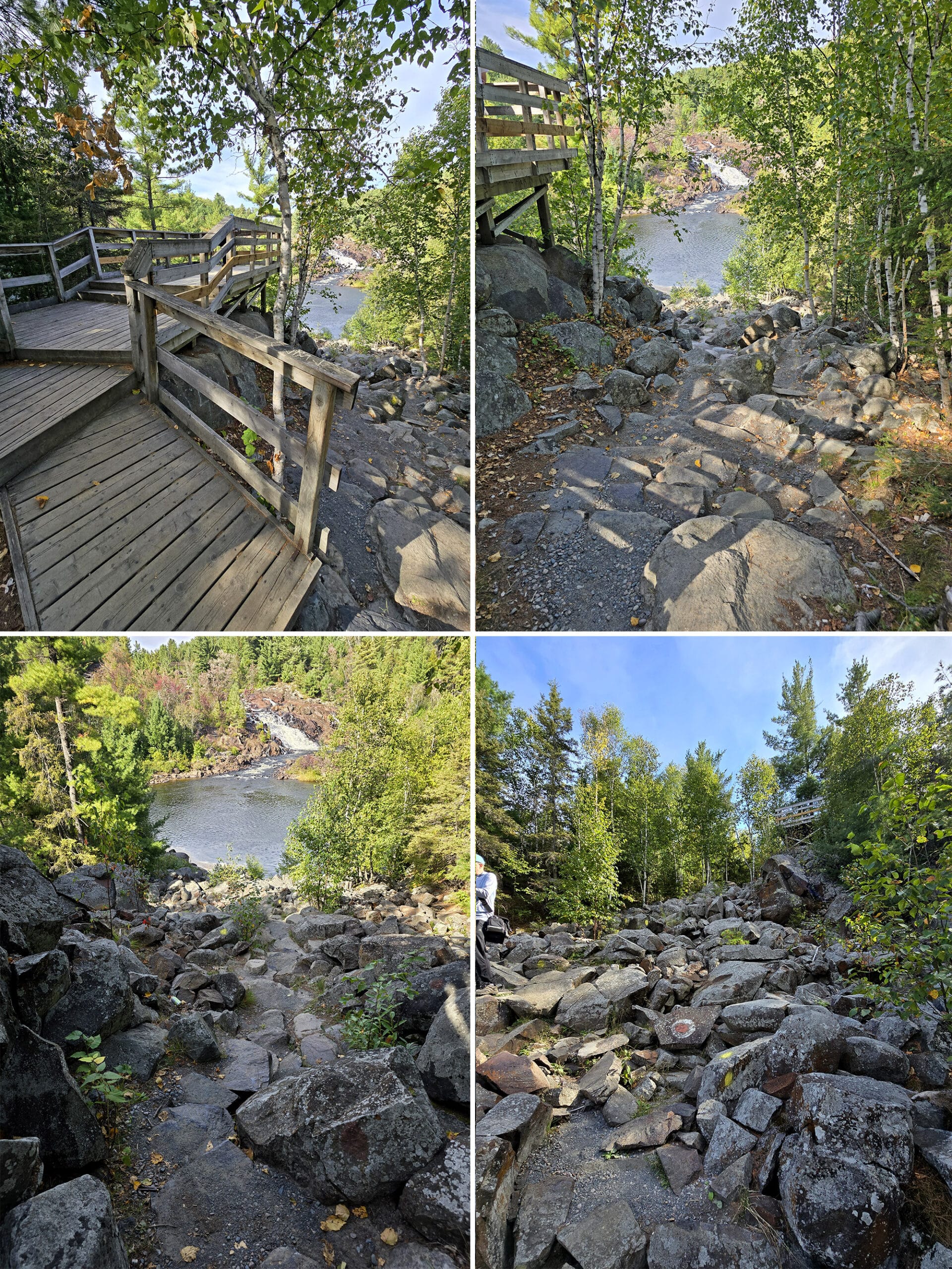 4 part image showing various views along the Onaping Falls Riverside Trail.