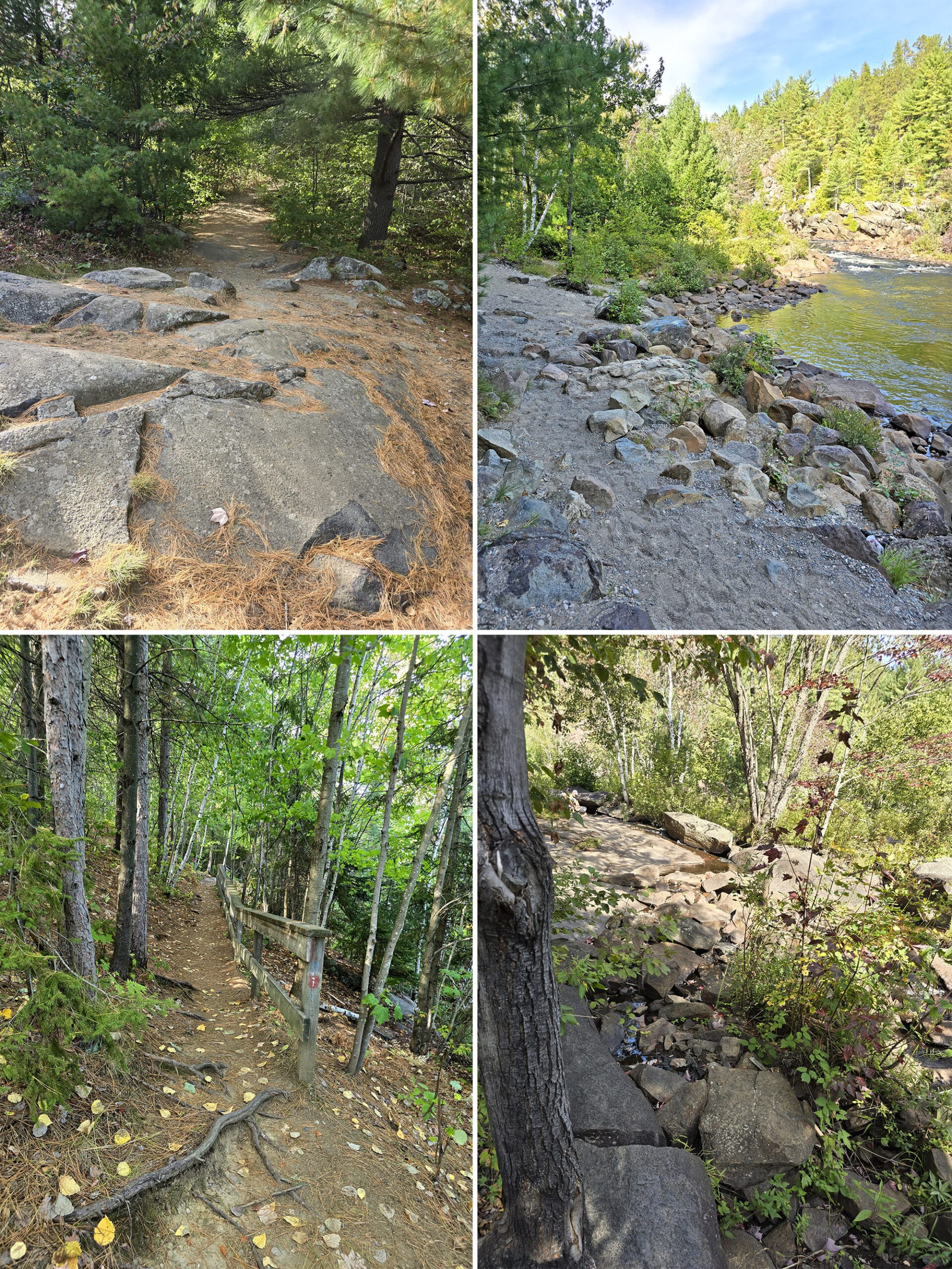 4 part image showing various views along the Onaping Falls Riverside Trail.