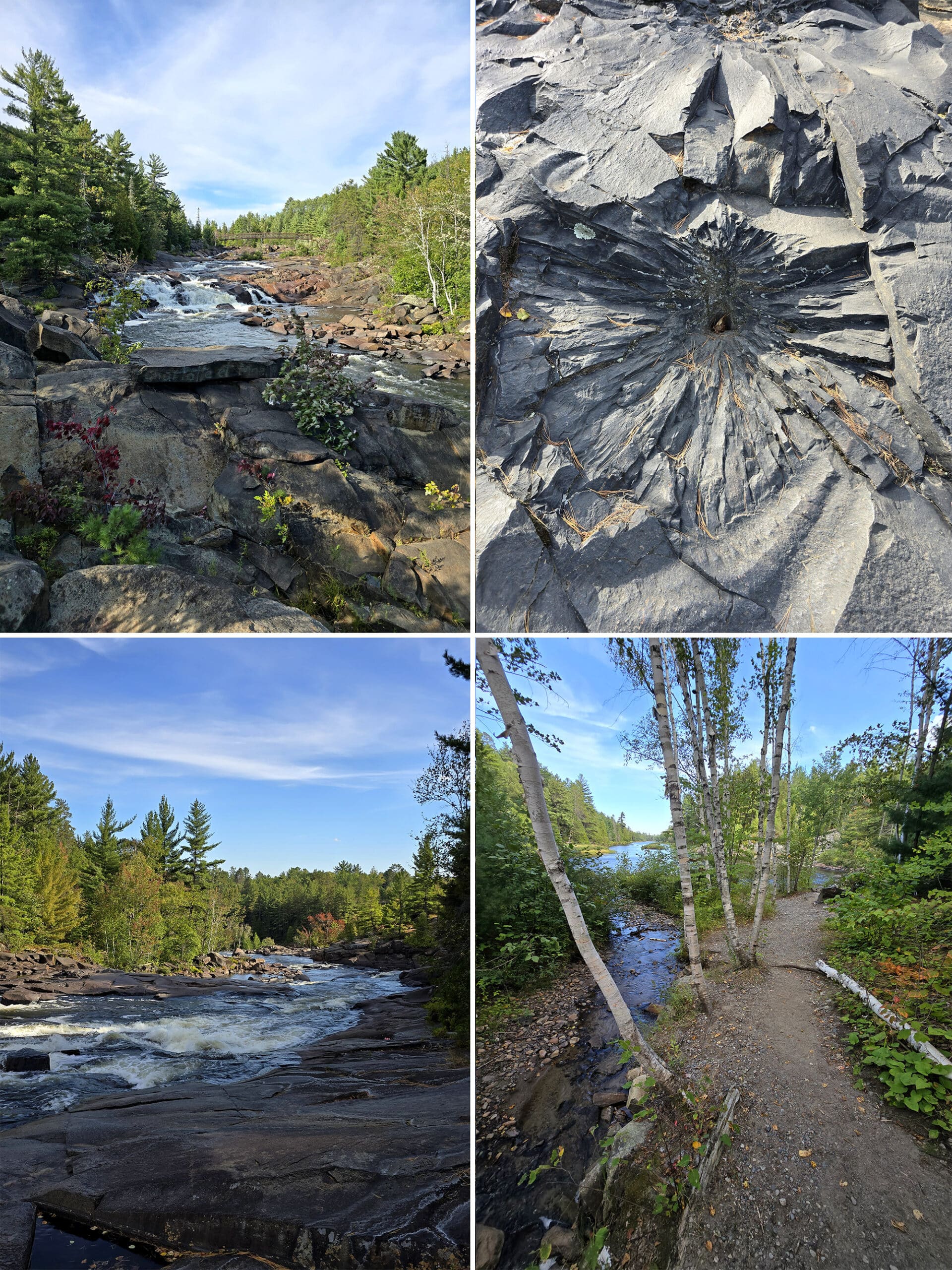 4 part image showing various views along the Onaping Falls Riverside Trail.