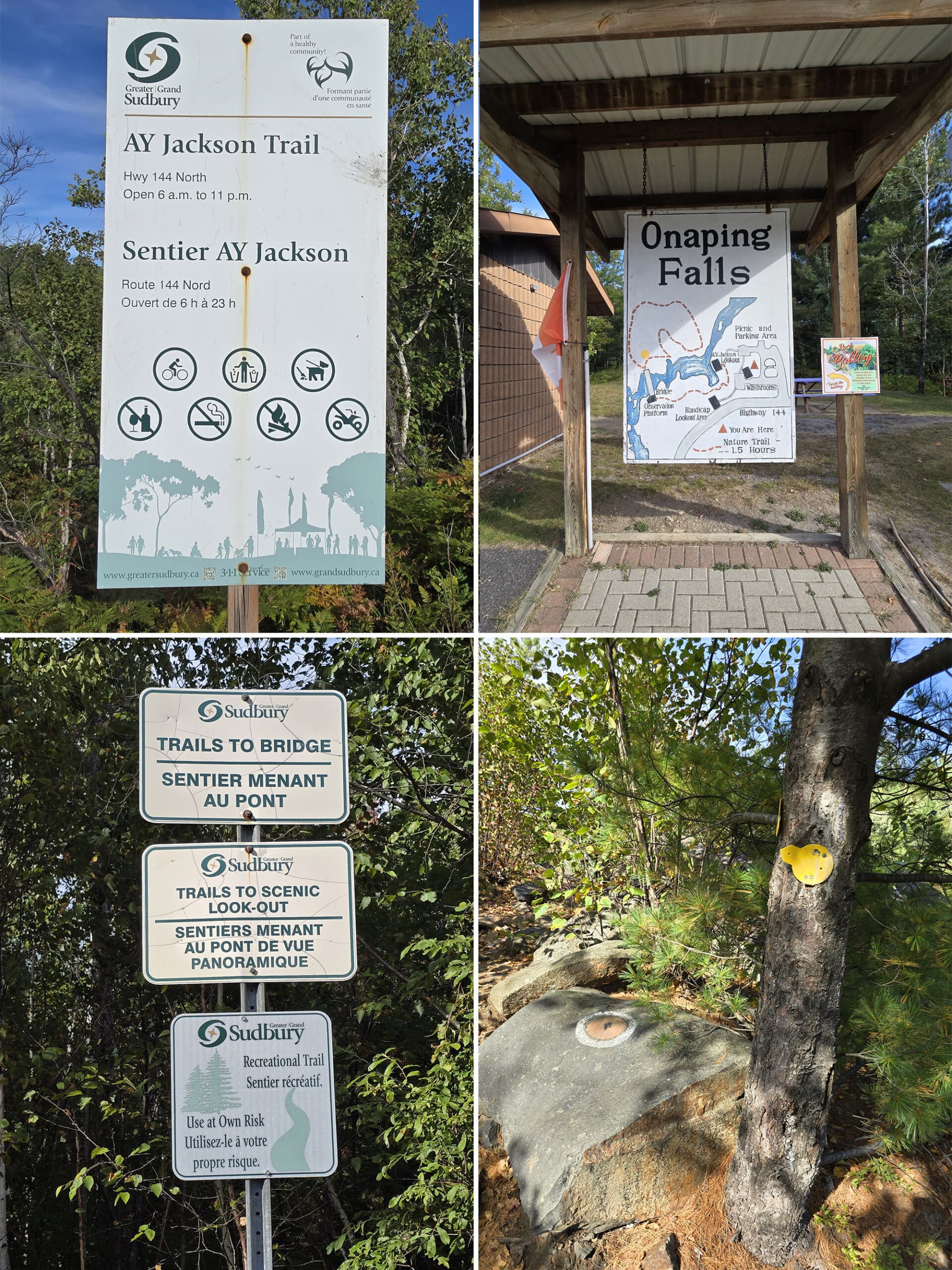 4 part image showing some of the signage at Onaping Falls.