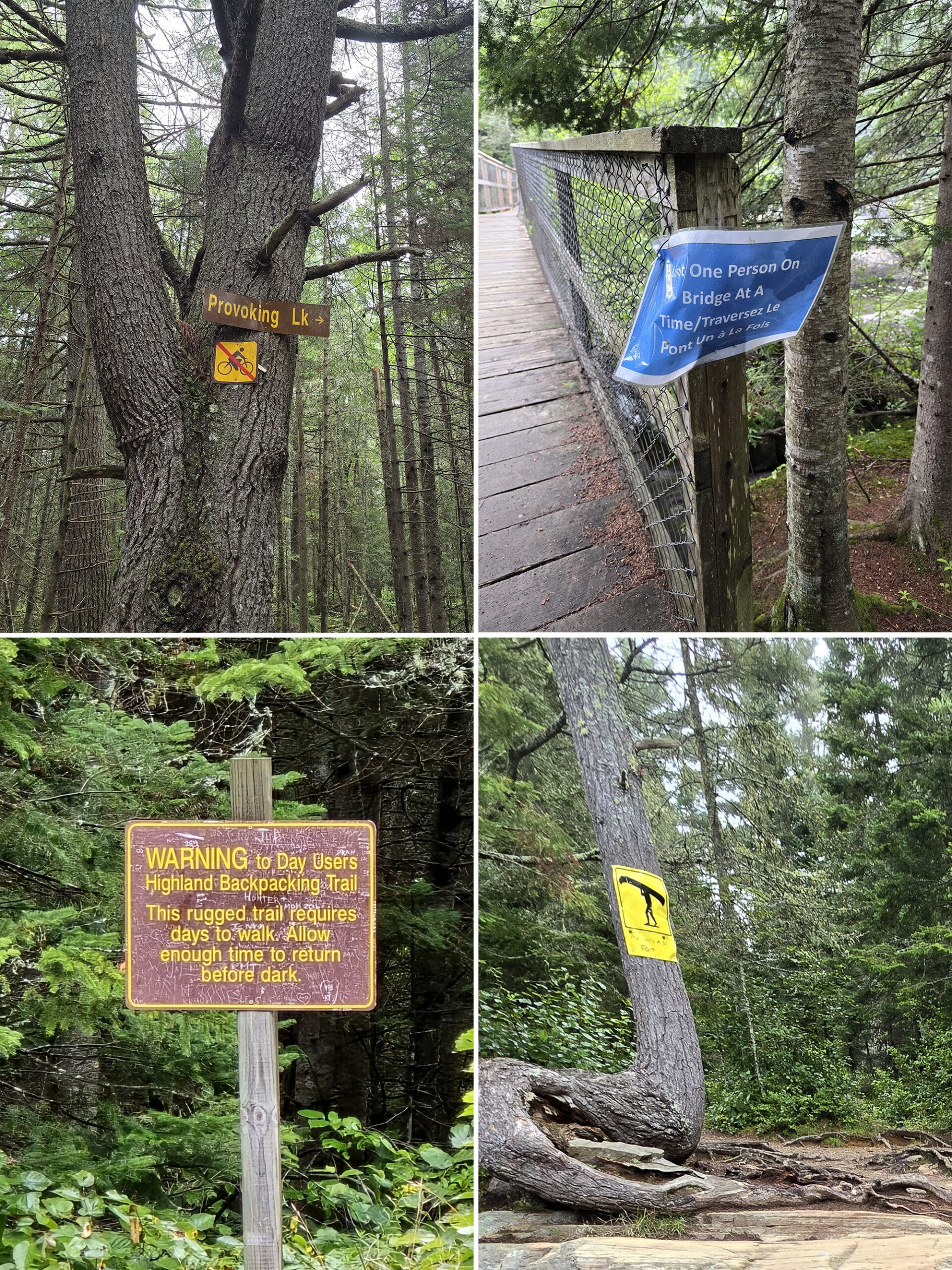 4 part image showing different signs around the falls.