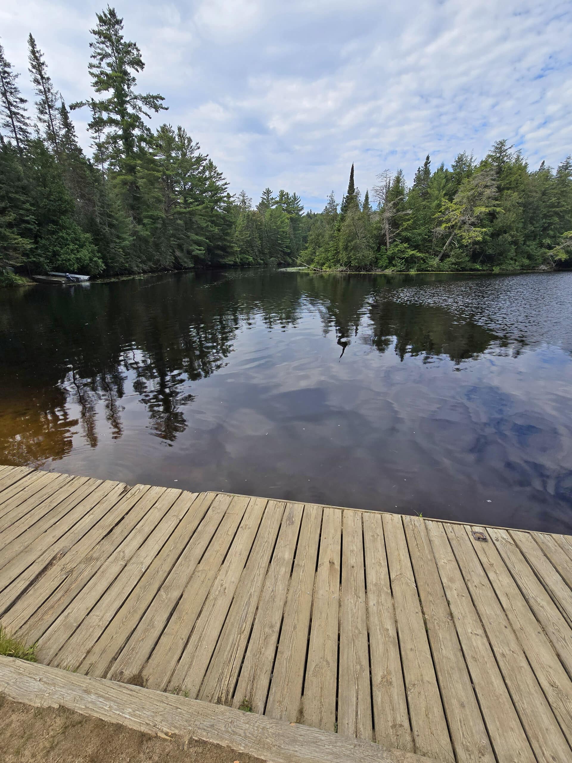 A boardwalk alongside the boat launch at rock lake.