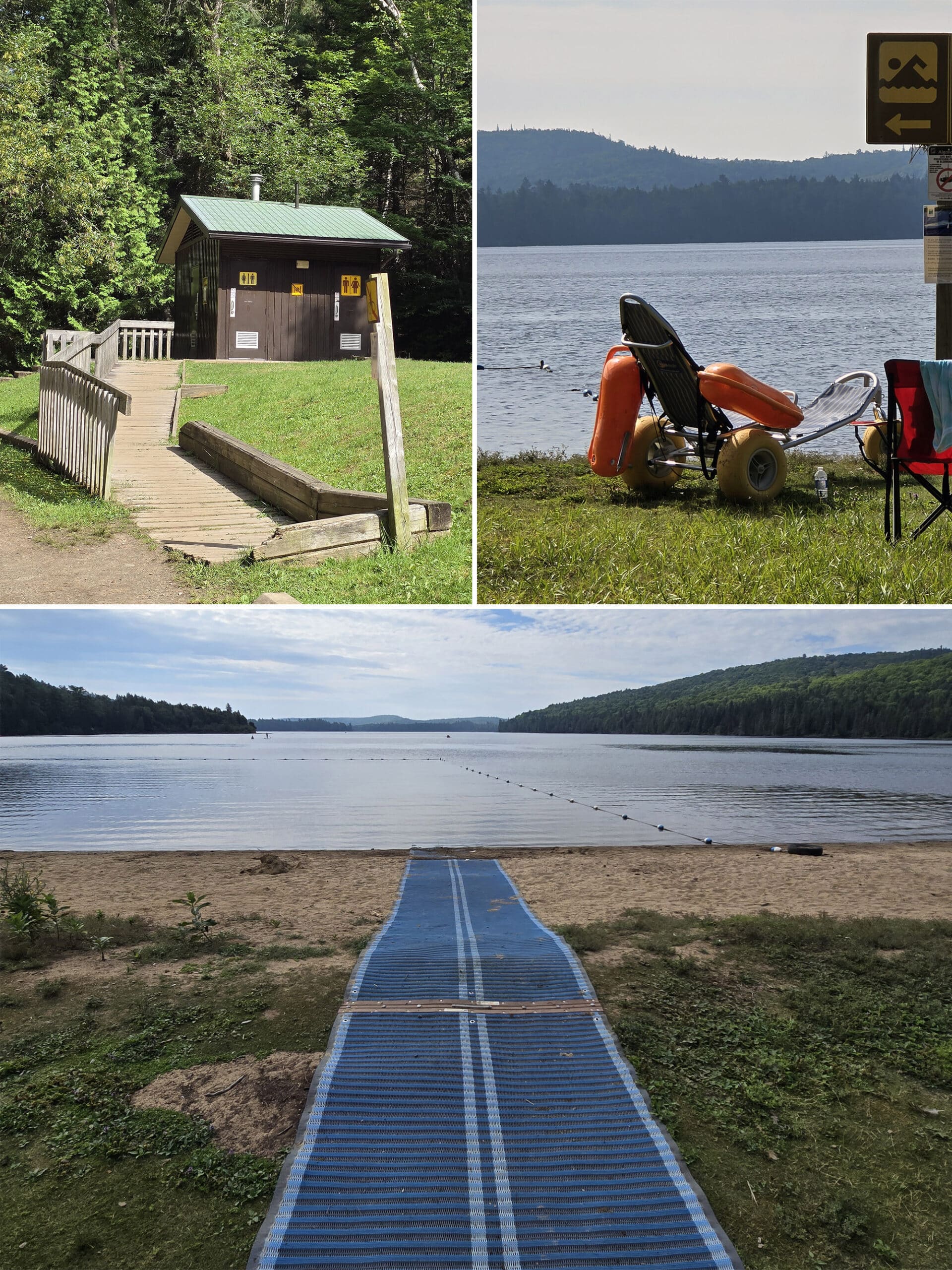 3 part image showing an accessible outhouse, a mobi mat, and a beach wheelchair.