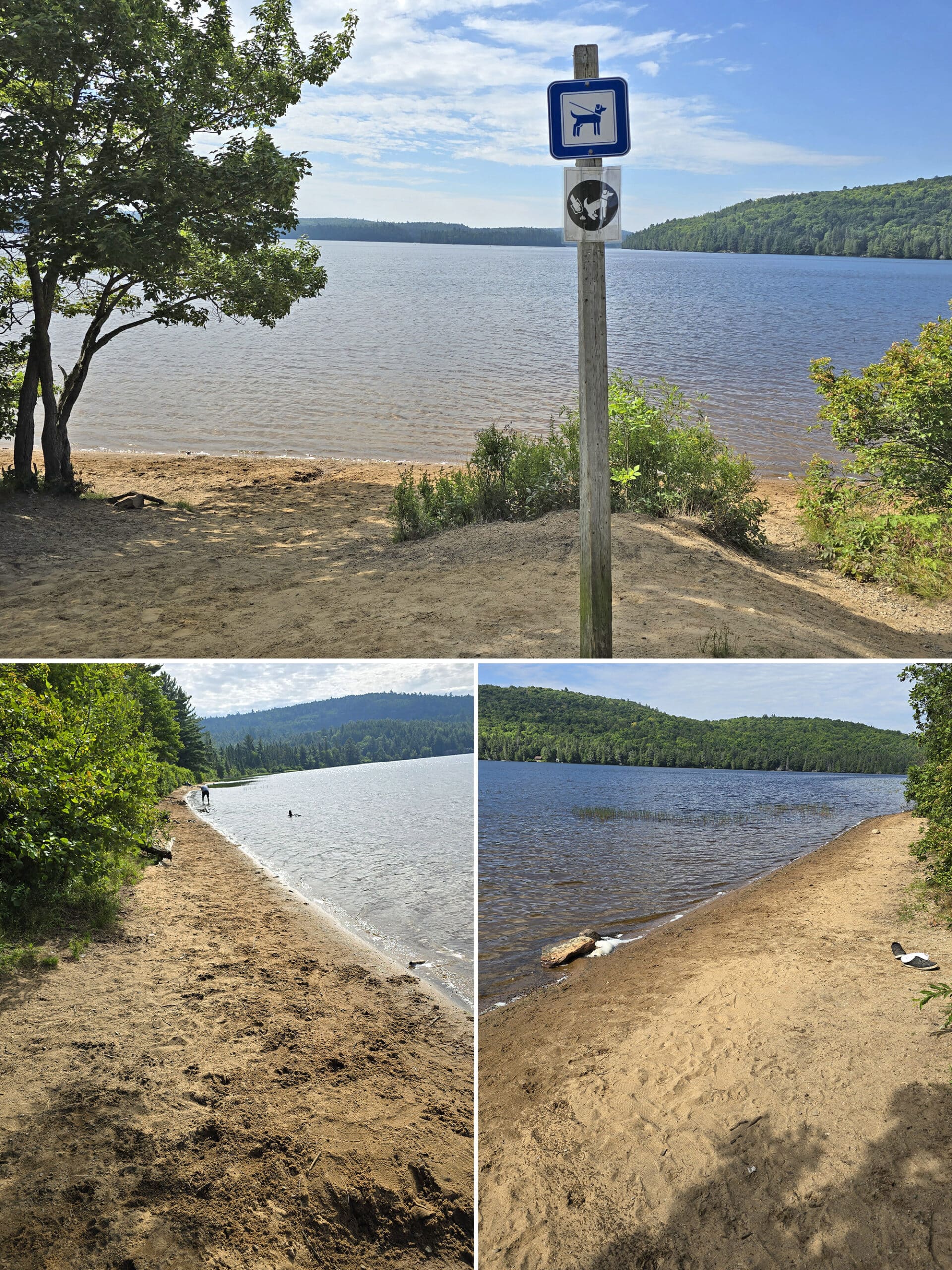 3 part image showing the Rock Lake Campground dog beach and the path leading down to it.