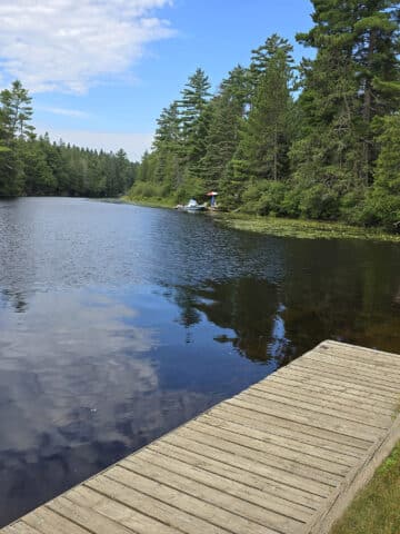 A boardwalk alongside rock lake.