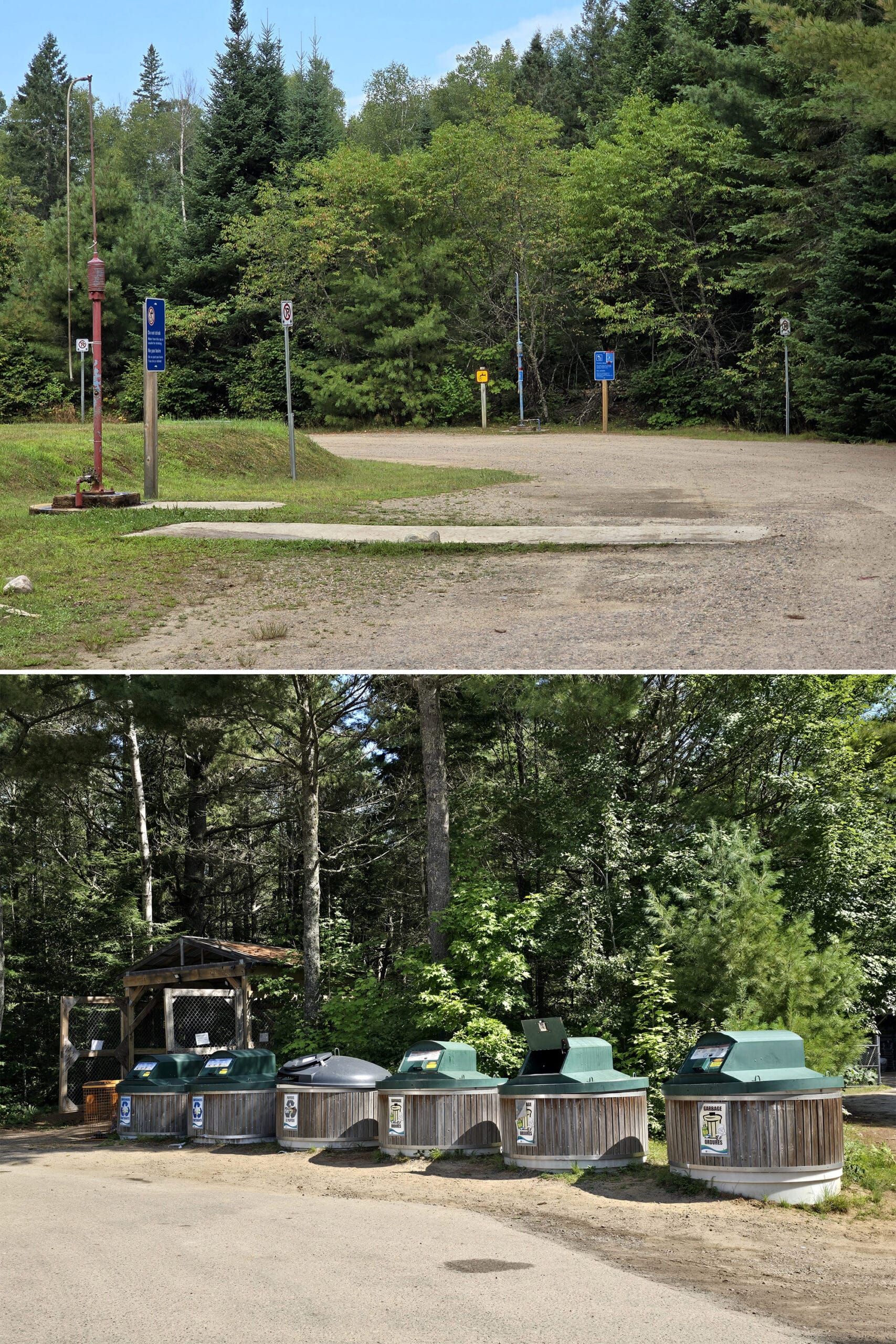 2 part image showing the trailer sanitation station and garbage depot area in Rock Lake Campground.