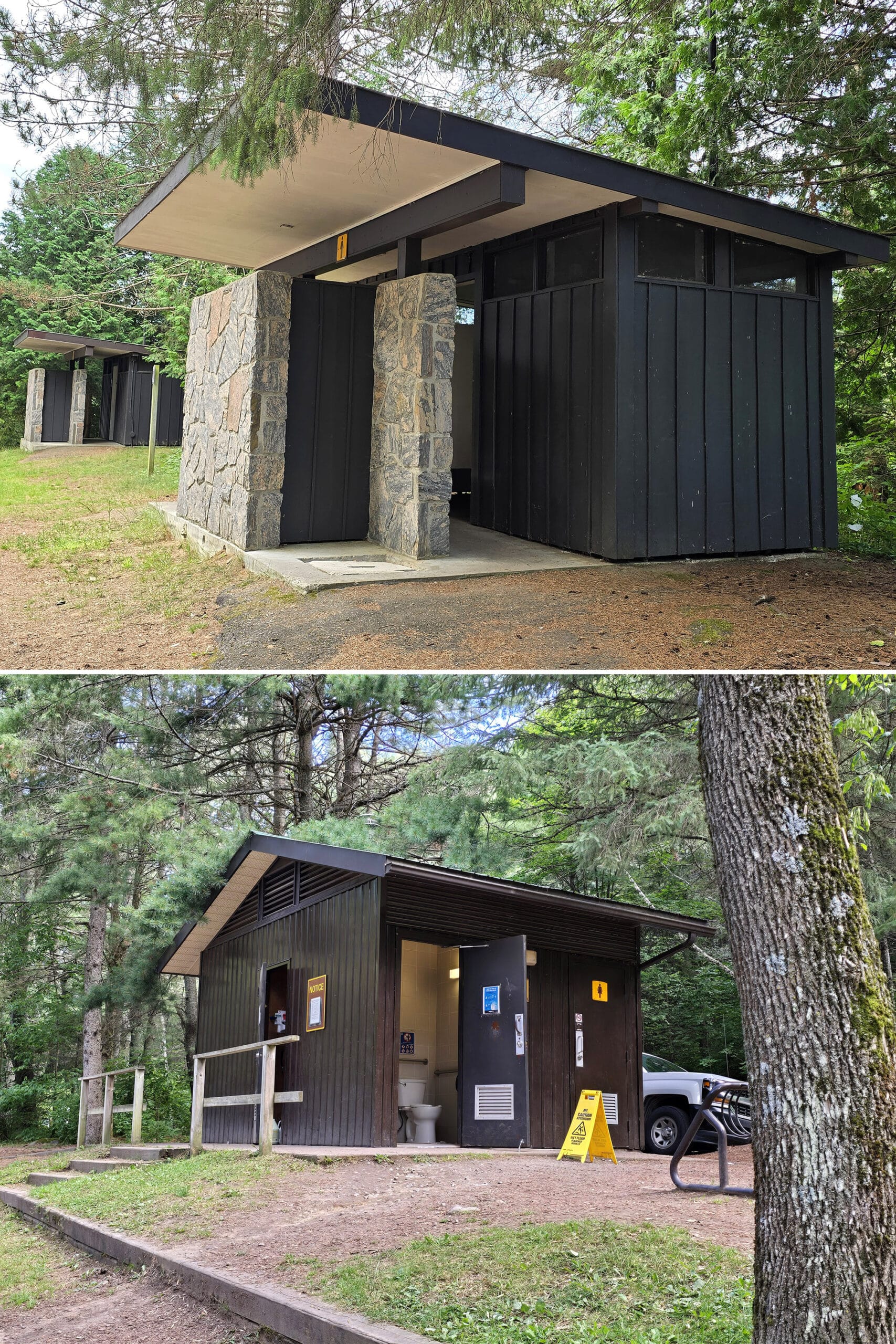 2 part image showing vault toilets, one looking far more modern and nice.