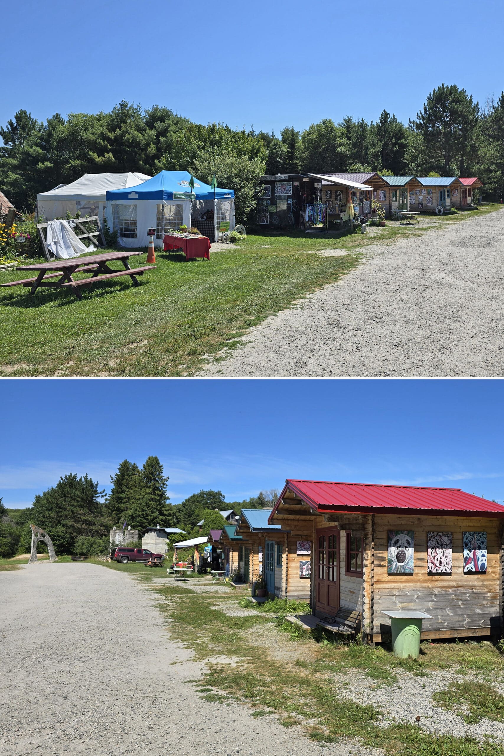 2 part image showing a small row of vendor tents.