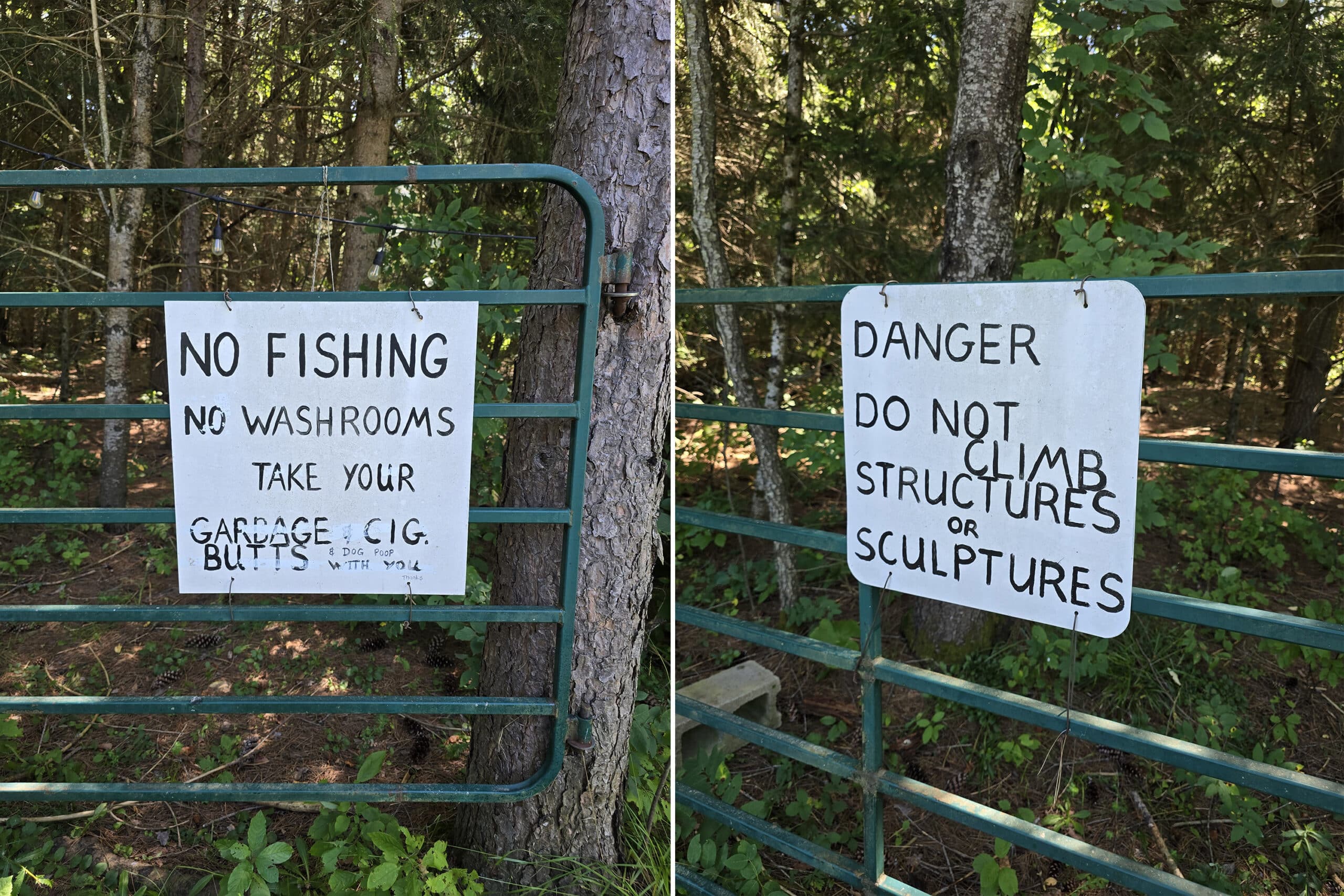 2 hand written signs telling people no fishing, not to climb structures, etc.