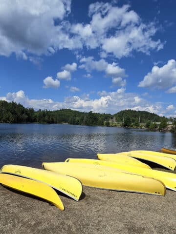 Several yellow canoes on the shore of tea lake.