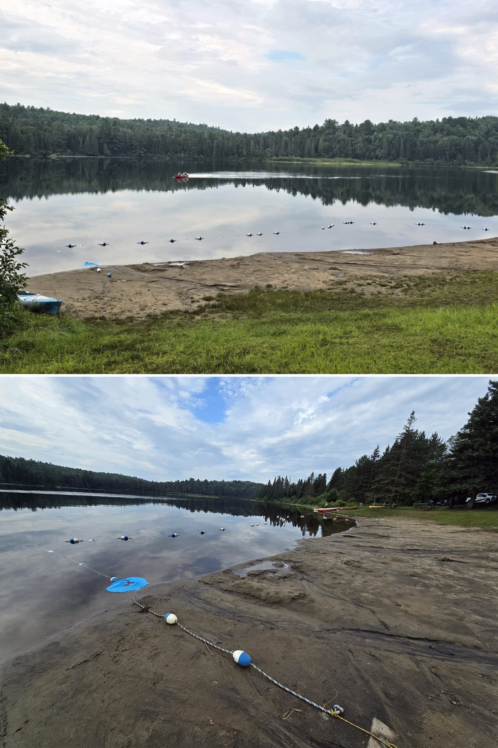 2 part image showing different views of the beach and swimming area at Whitefish Lake campground.