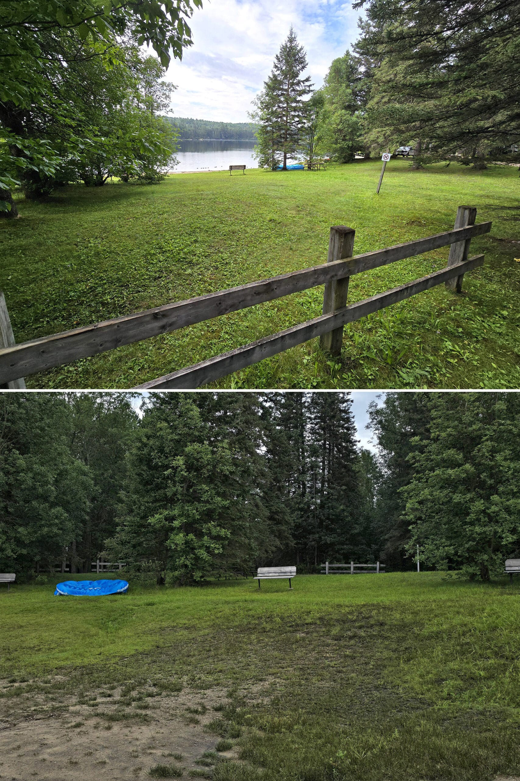 2 part image showing the day use area at Whitefish Lake campground.