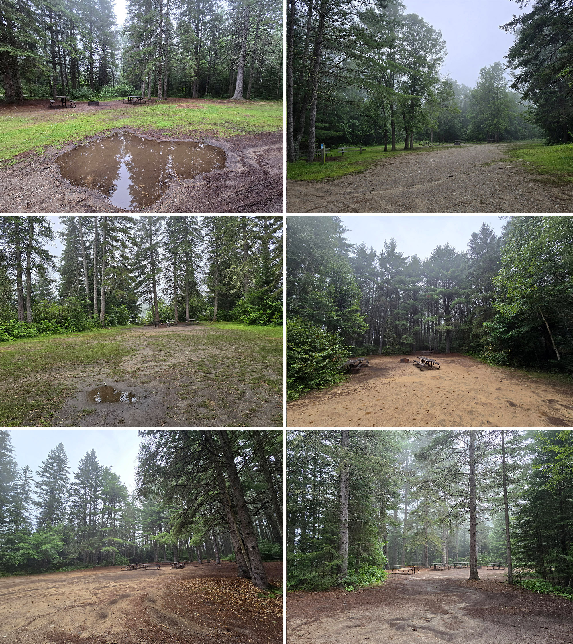 6 part image showing several of the group campsites at Whitefish Lake campground.